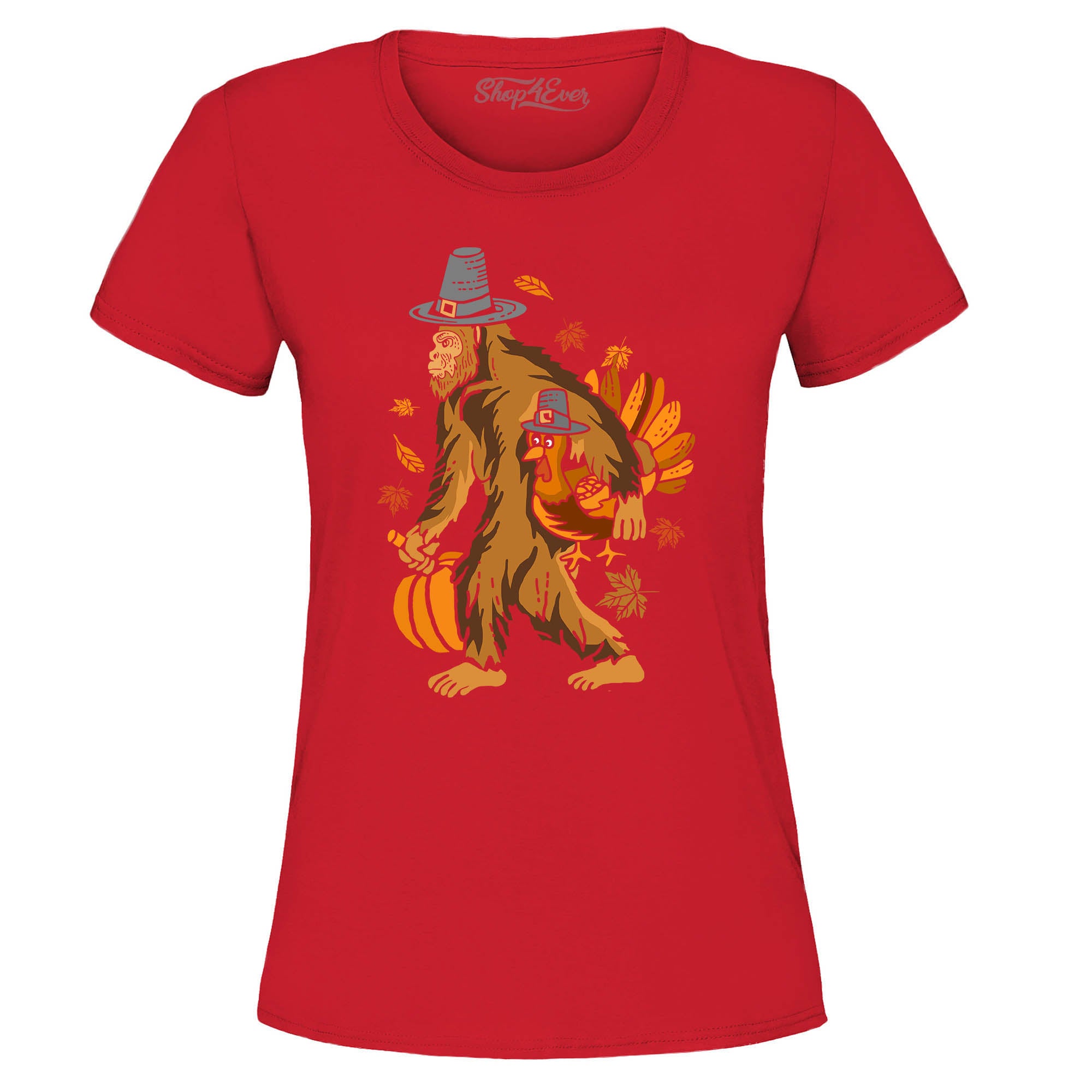 Bigfoot Pilgrim Turkey Pumpkin Thanksgiving Sasquatch Women's T-Shirt