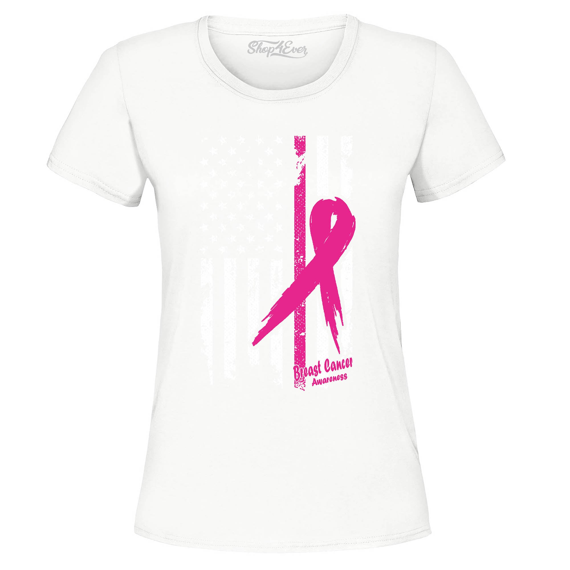 Pink Breast Cancer Ribbon American Flag Women's T-Shirt