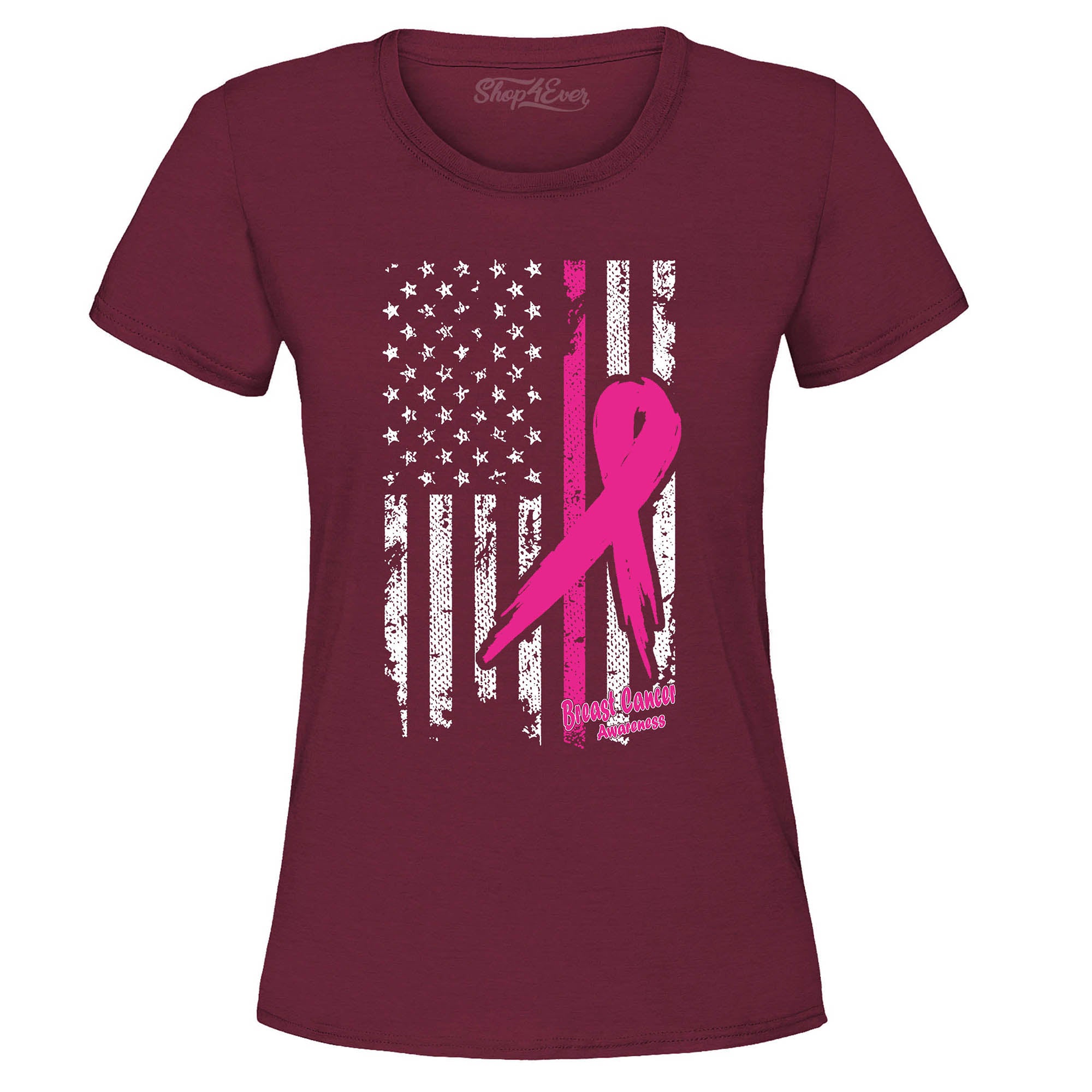Pink Breast Cancer Ribbon American Flag Women's T-Shirt
