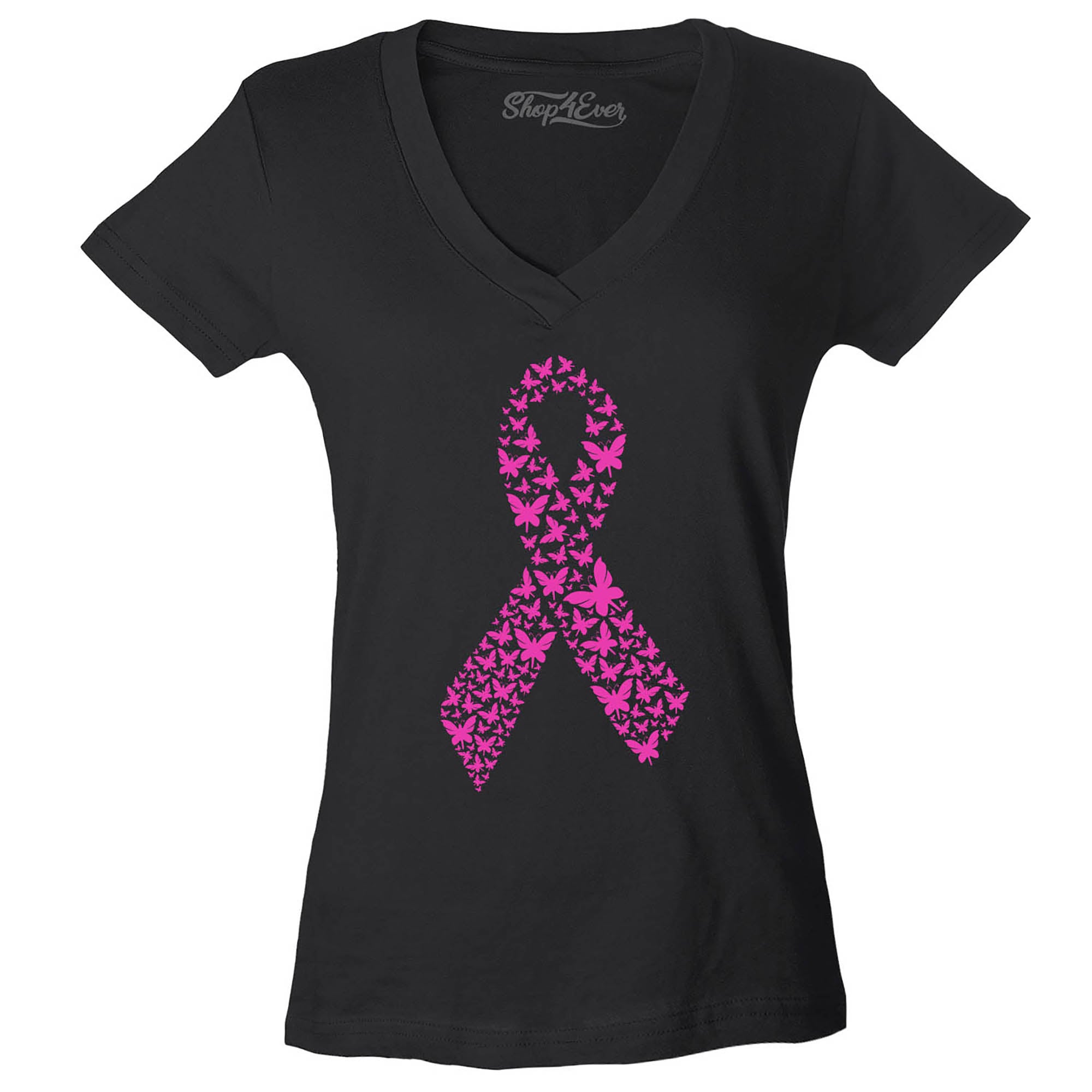 Pink Butterfly Ribbon Breast Cancer Awareness Women's V-Neck T-Shirt Slim Fit