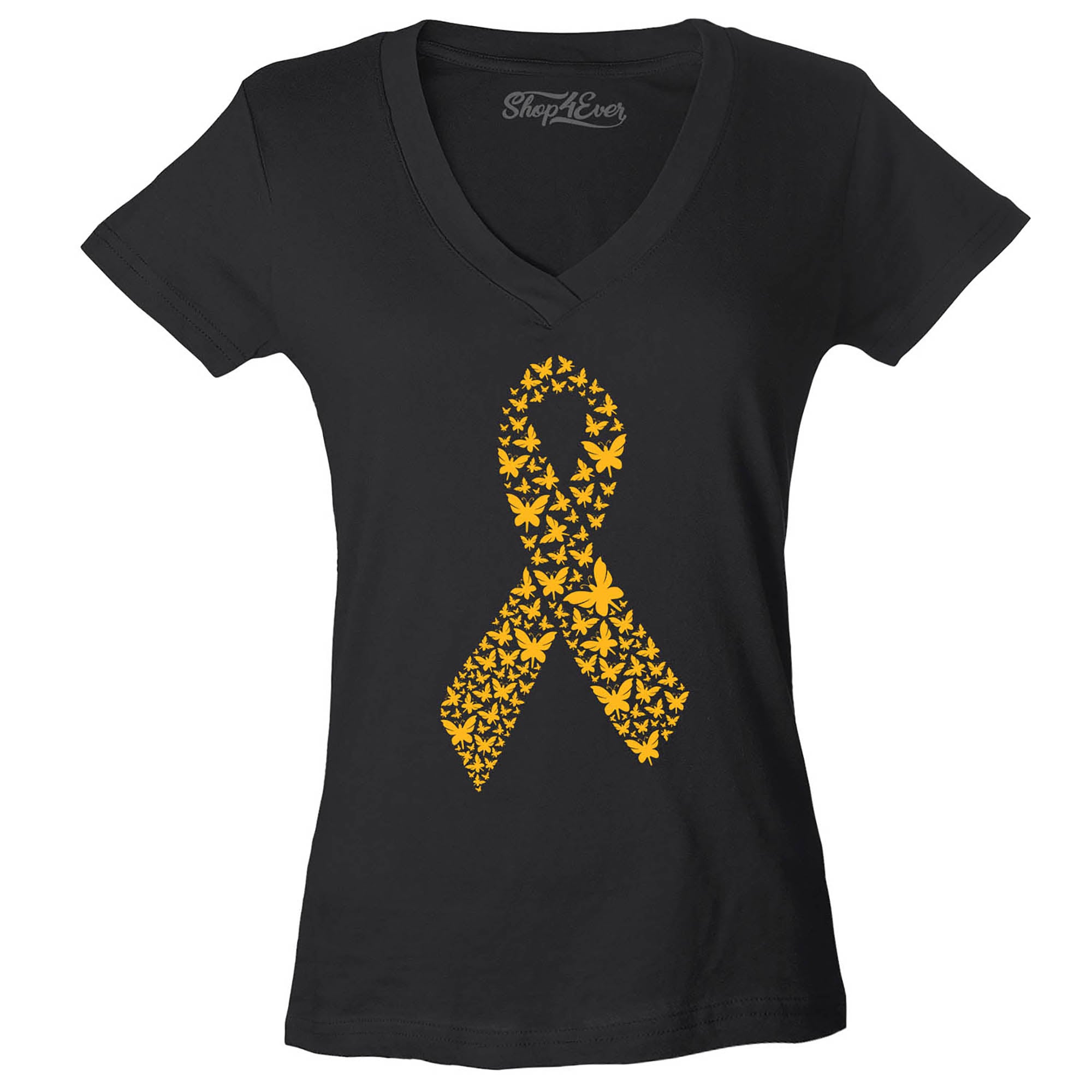 Gold Butterfly Ribbon Childhood Cancer Awareness Women's V-Neck T-Shirt Slim Fit