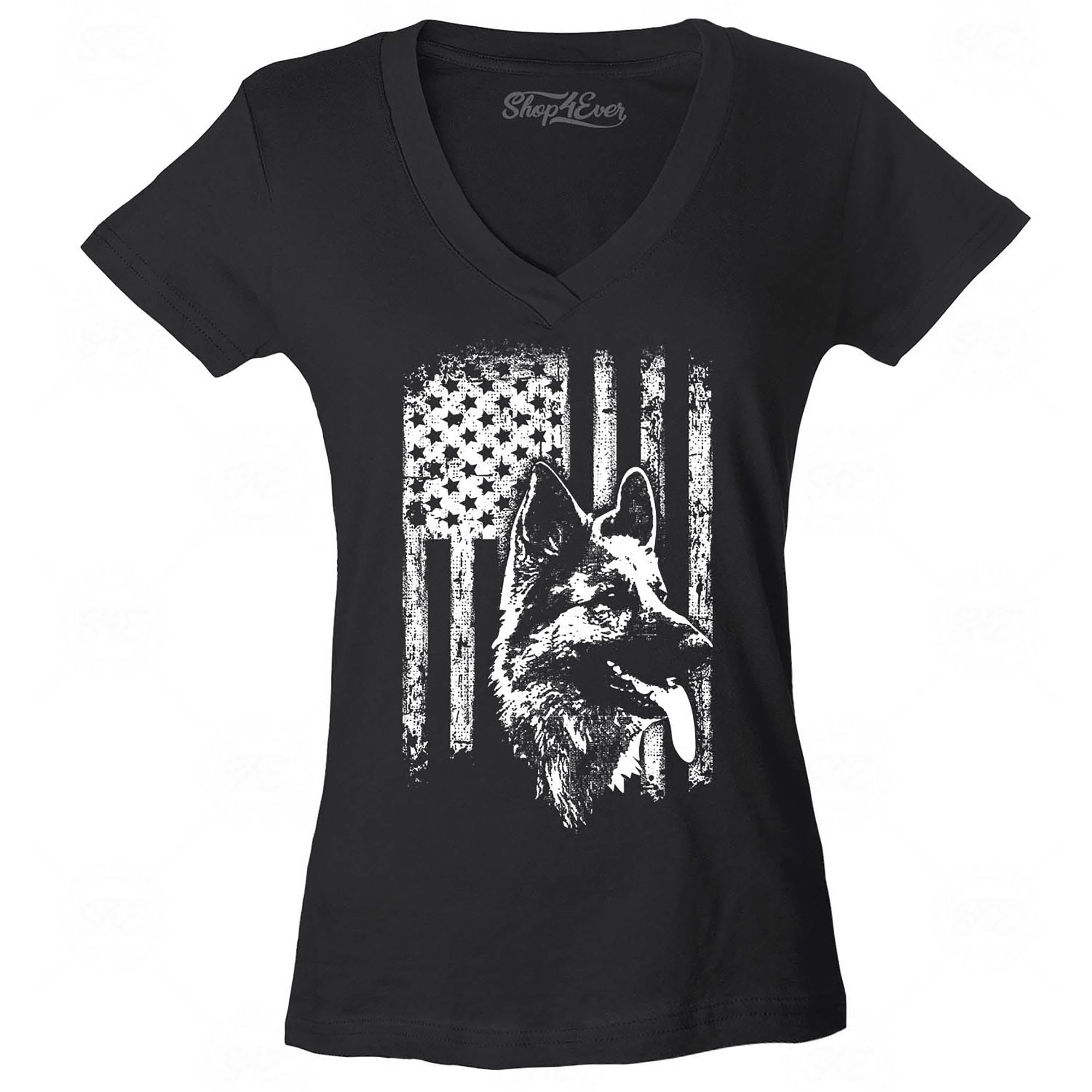 German Shepherd American Flag Women's V-Neck T-Shirt Slim Fit