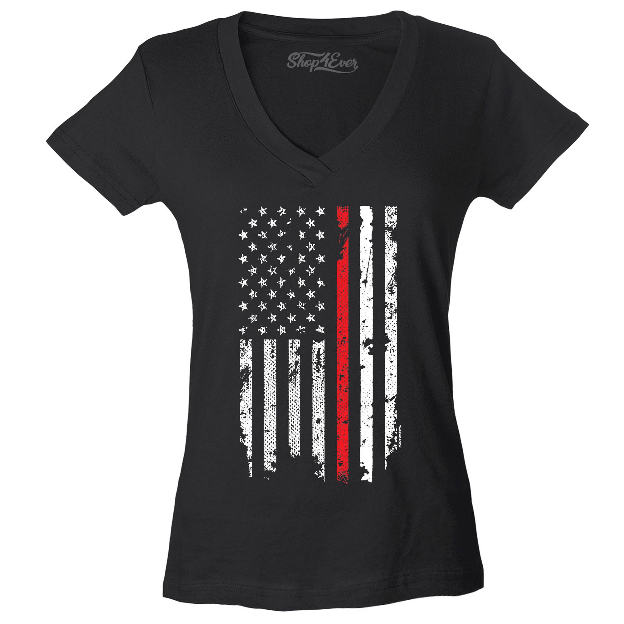 Firefighter American Flag Red Line Stripe USA Women's V-Neck T-Shirt 4th of July Shirts Slim FIT