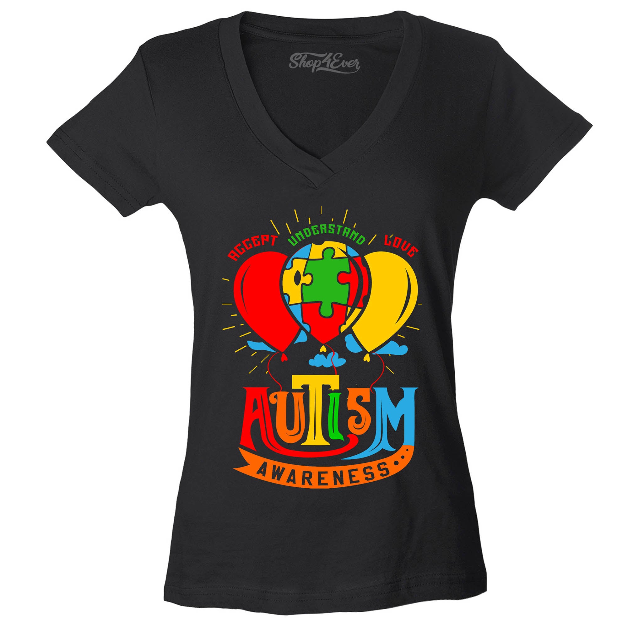 Autism Awareness with Balloons Women's V-Neck T-Shirt Slim Fit