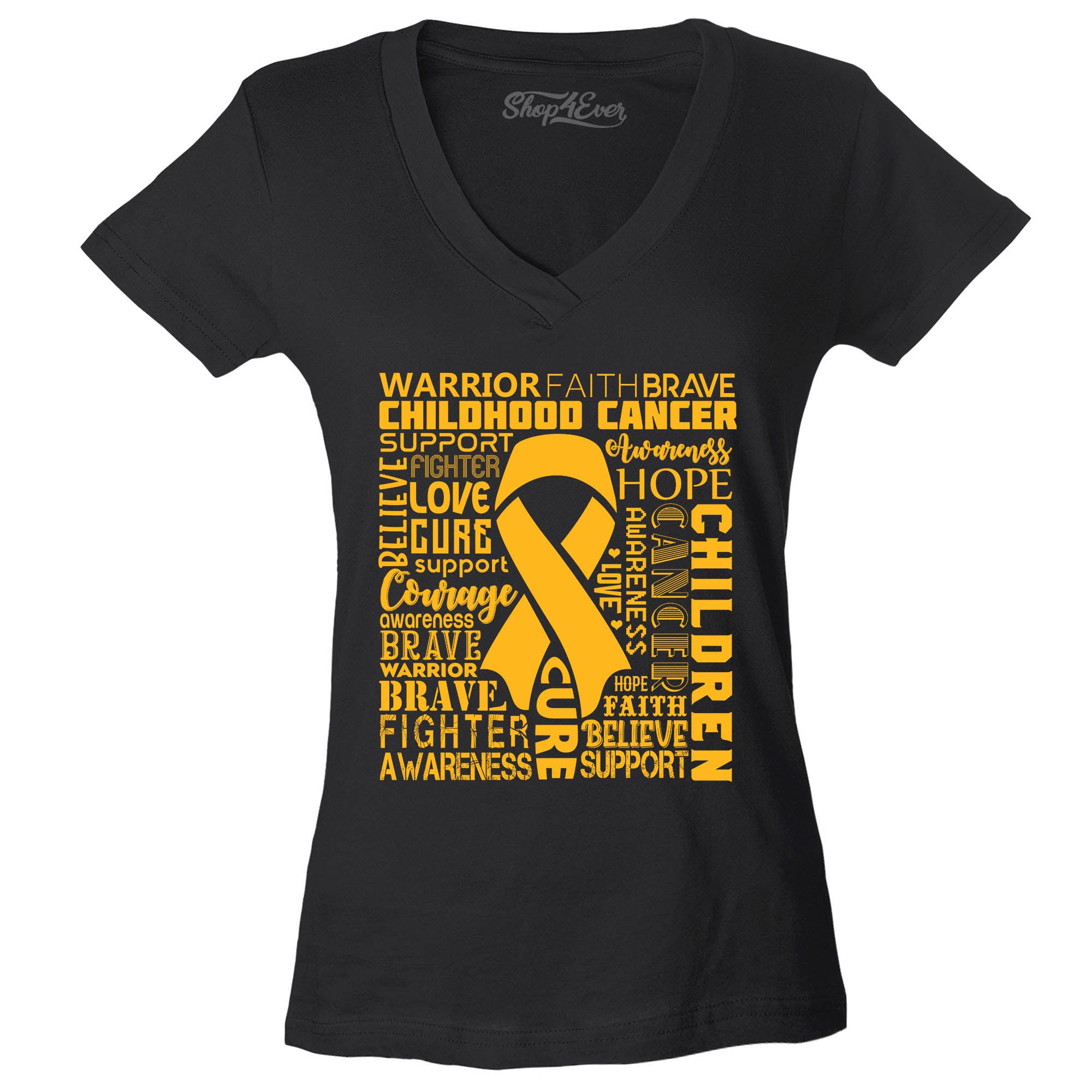 Childhood Cancer Awareness Gold Ribbon Word Cloud Women's V-Neck T-Shirt Slim Fit