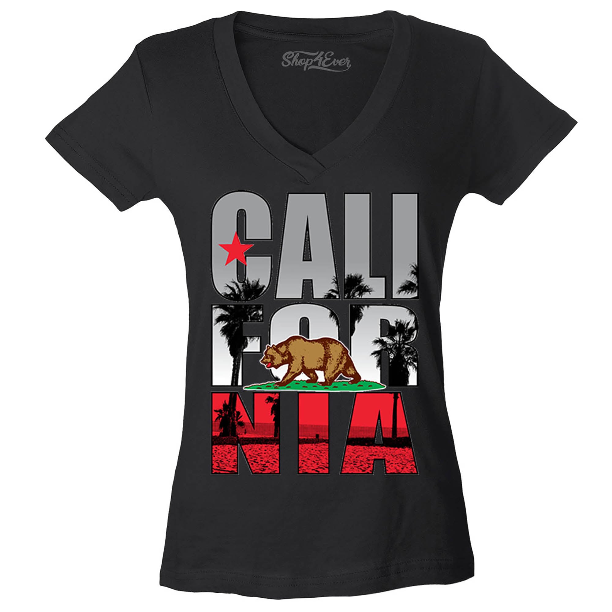 California Beach Palm Tree Women's V-Neck T-Shirt Flag Shirts Slim FIT