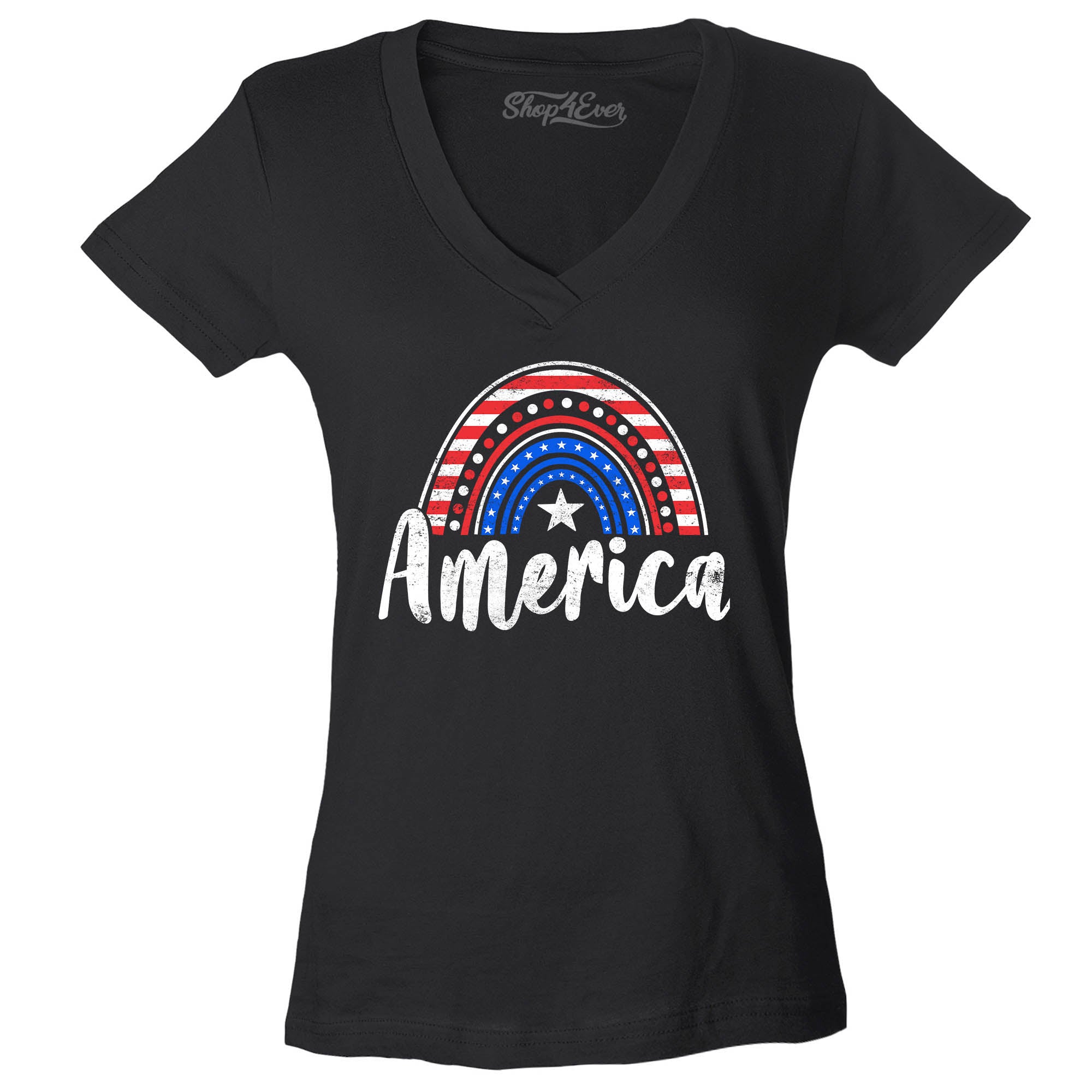America Patriotic Rainbow 4th of July Women's V-Neck T-Shirt Slim Fit