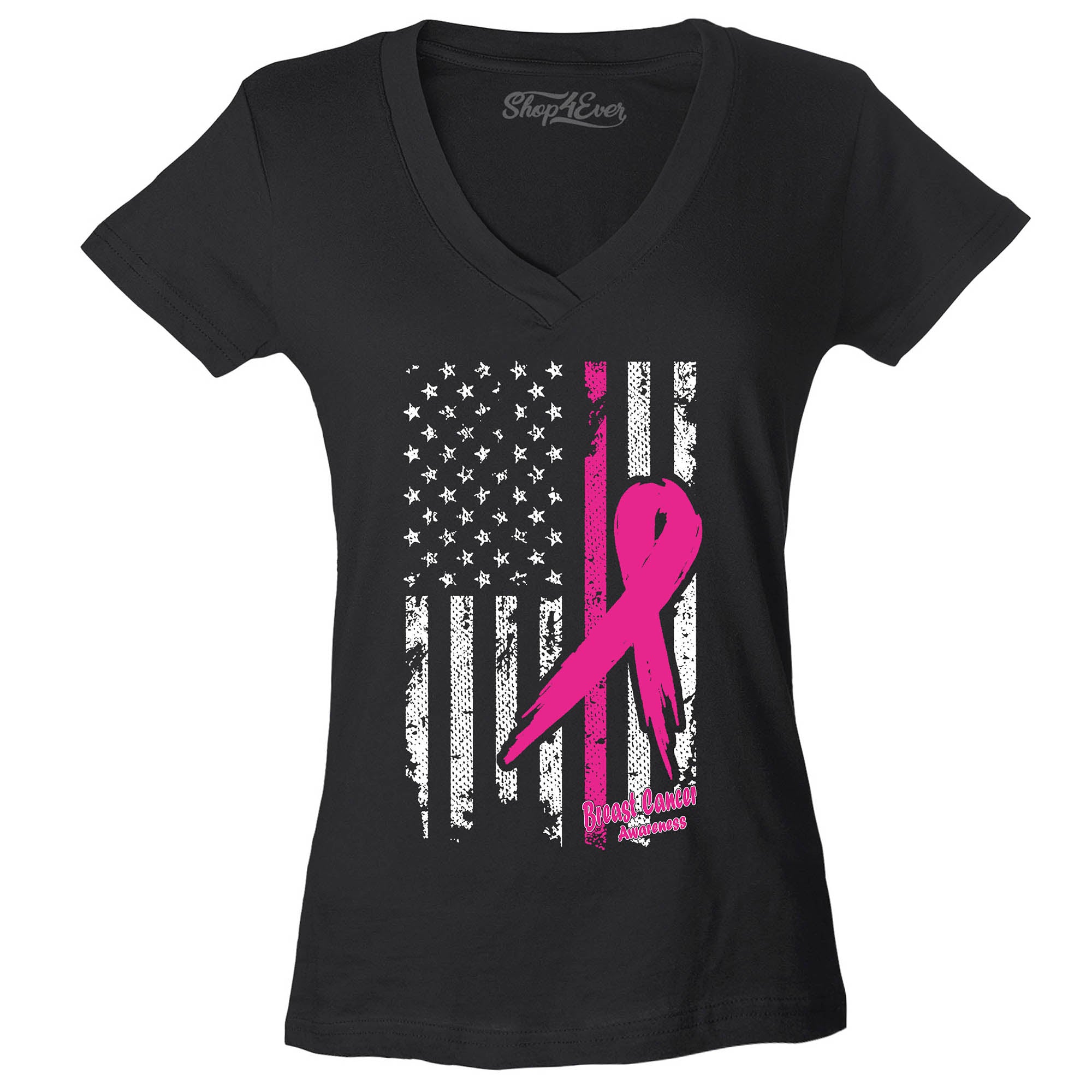 Pink Breast Cancer Ribbon American Flag Women's V-Neck T-Shirt Slim FIT