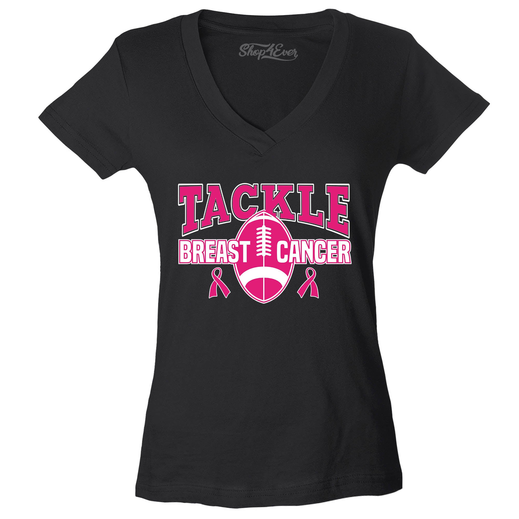 Tackle Breast Cancer Awareness Women's V-Neck T-Shirt Football Pink Ribbon Shirts Slim Fit
