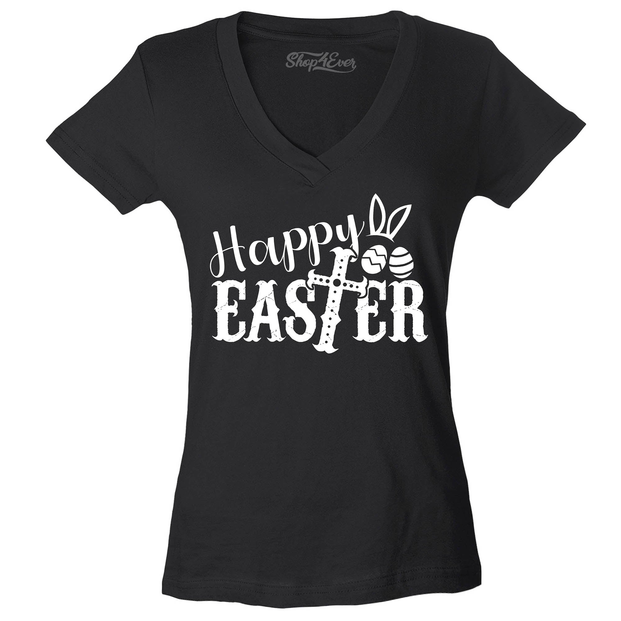 Happy Easter with Cross Women's V-Neck T-Shirt Slim Fit
