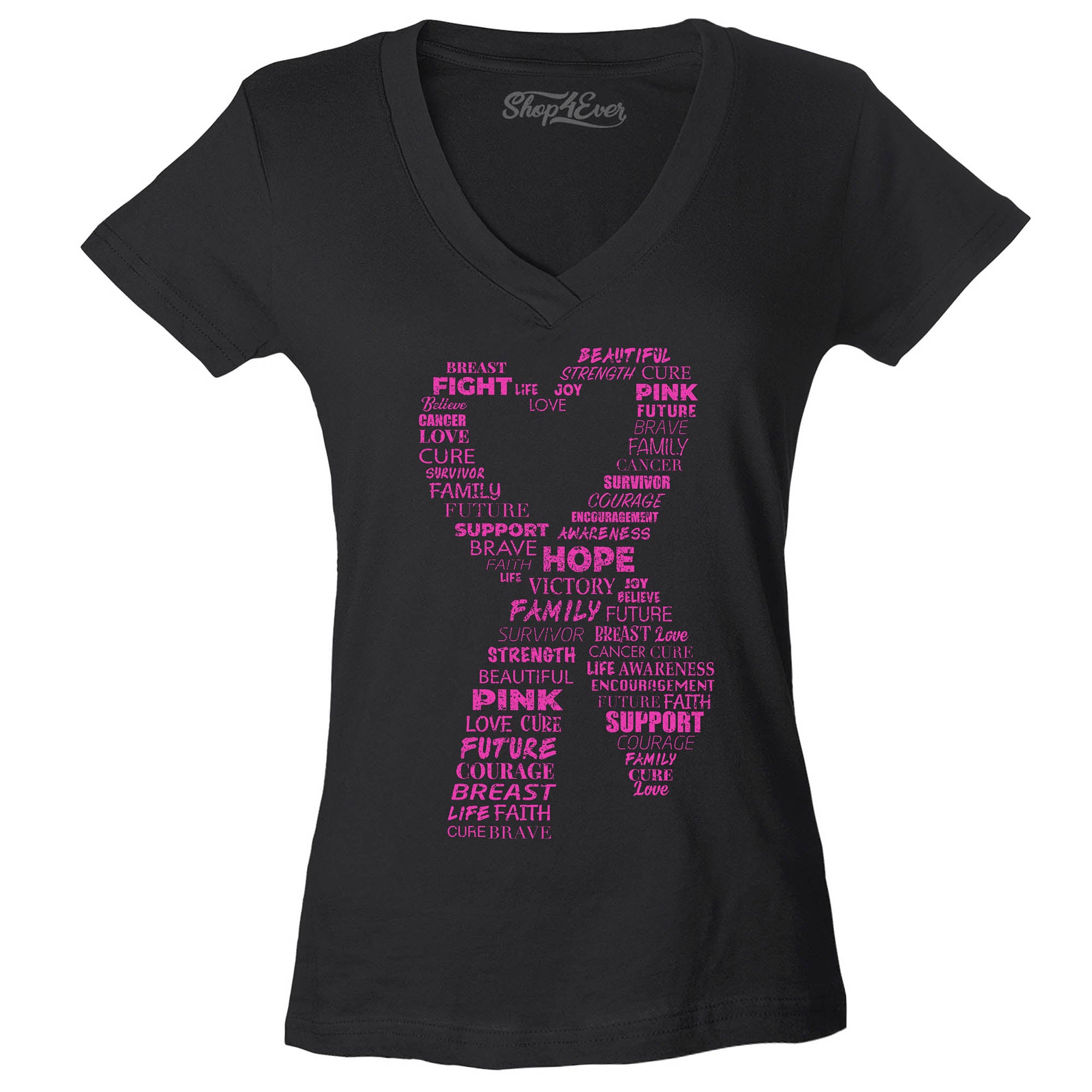 Pink Heart Ribbon Montage Breast Cancer Awareness Word Cloud Women's V-Neck T-Shirt Slim Fit