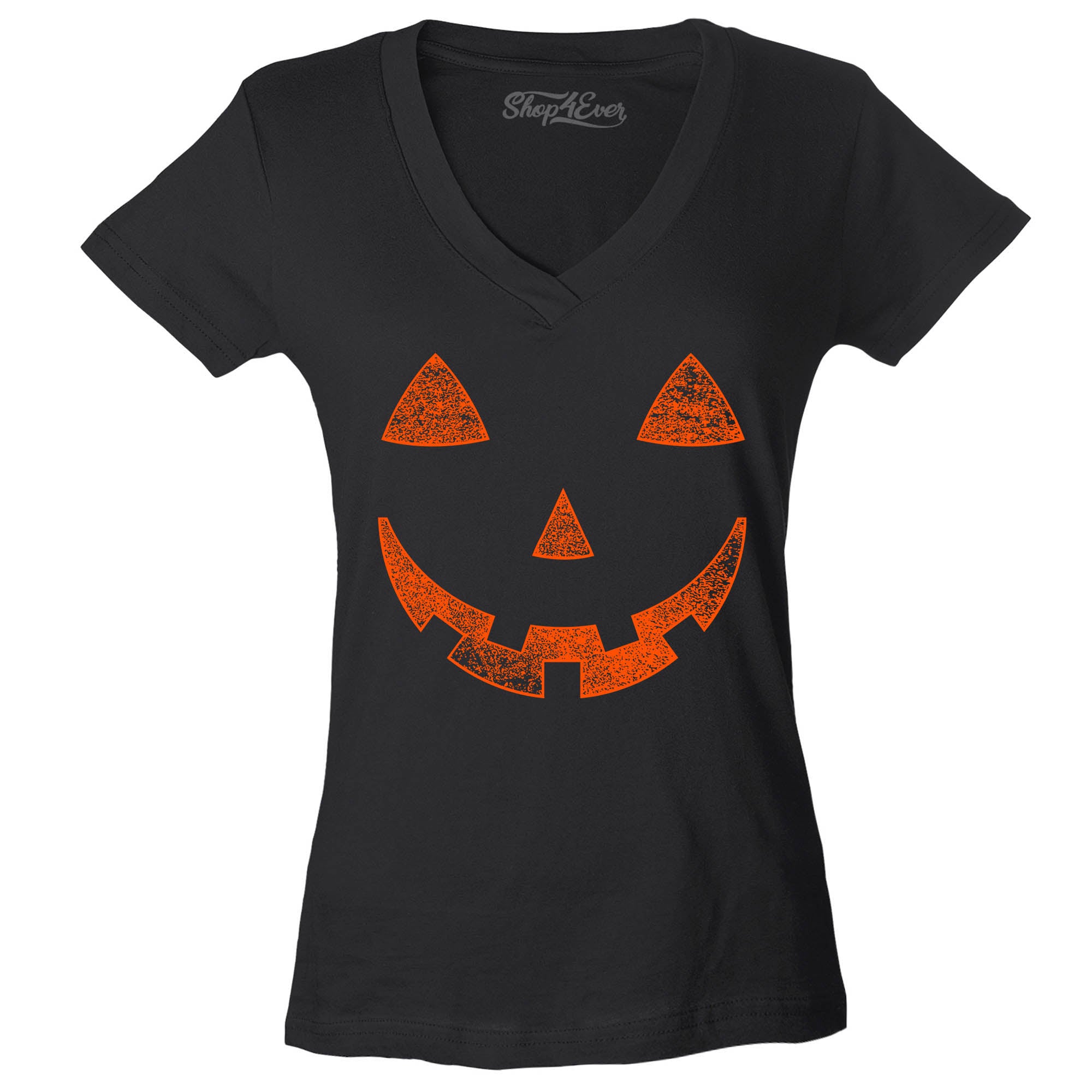 Orange Jack O' Lantern Pumpkin Face Halloween Costume Women's V-Neck T-Shirt Slim Fit