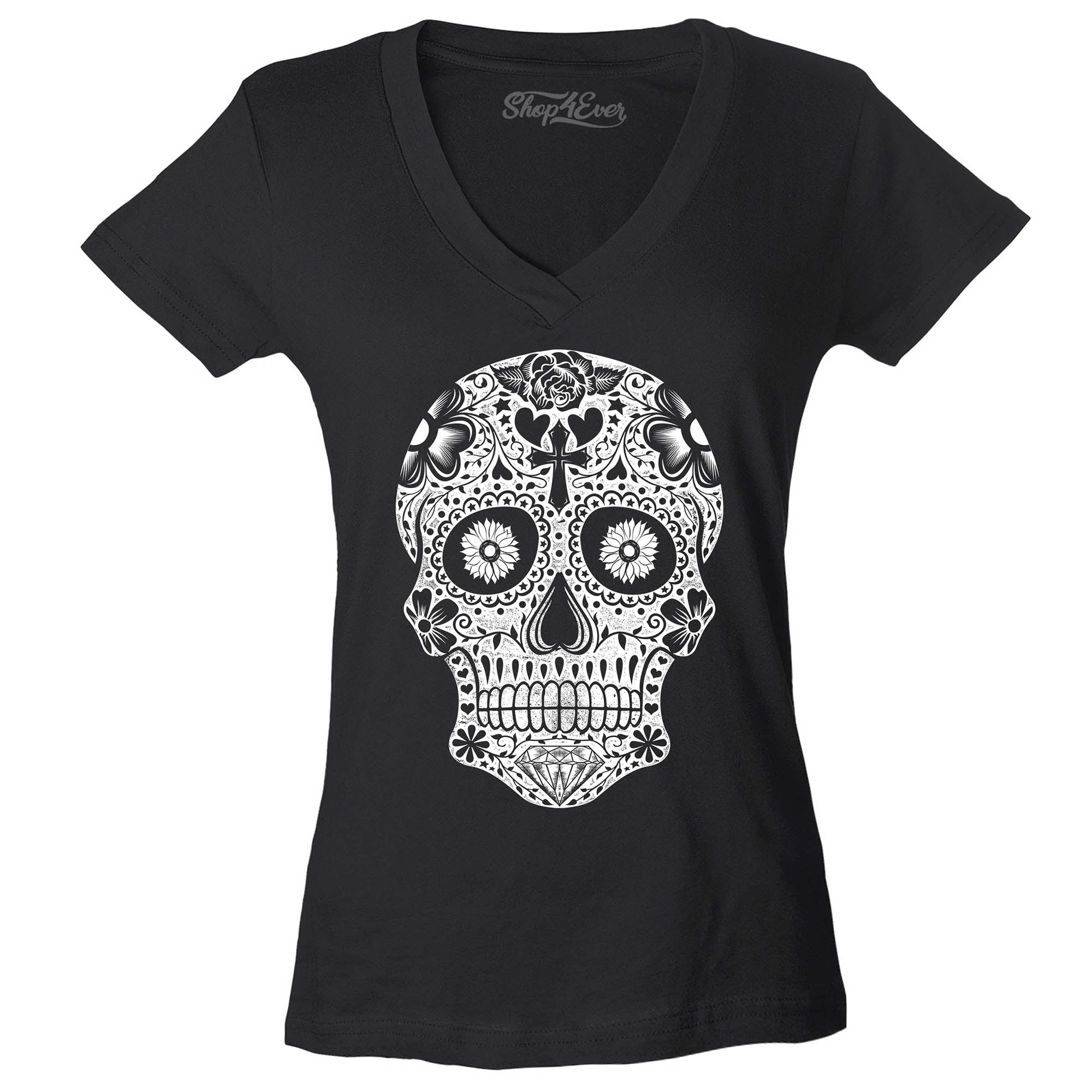 Day of The Dead White Skull Women's V-Neck T-Shirt Slim Fit