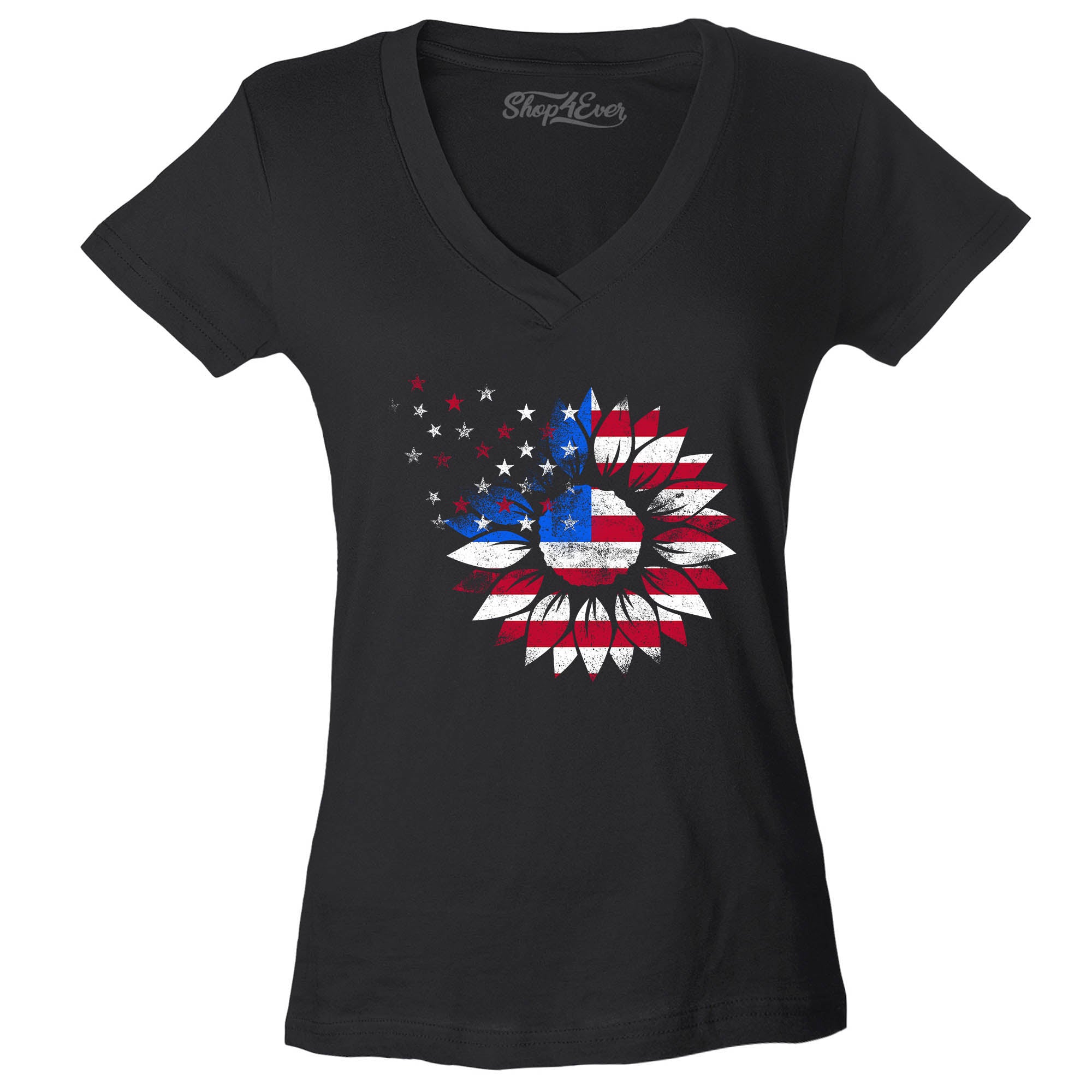 American Flag Sunflower Flower Star 4th of July Women's V-Neck T-Shirt Slim Fit