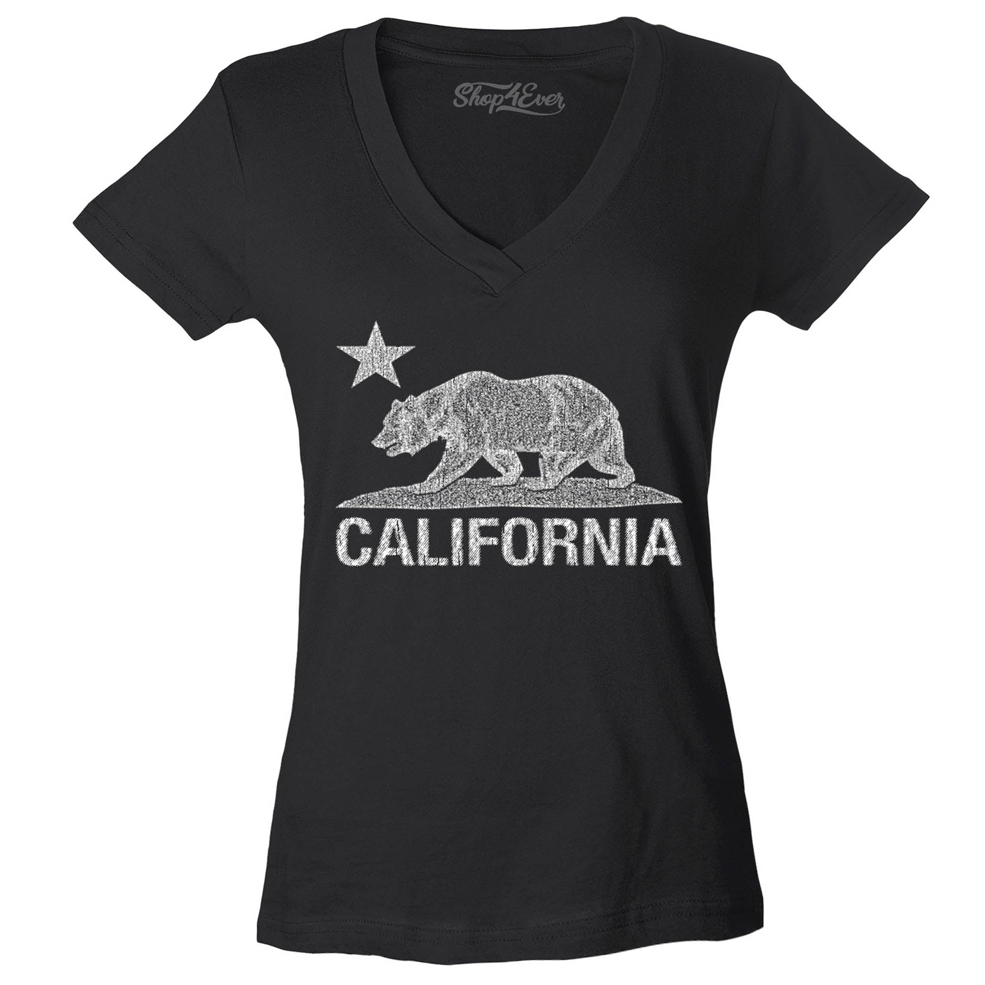 California Distressed White Bear Women's V-Neck T-Shirt Cali Shirts Slim FIT