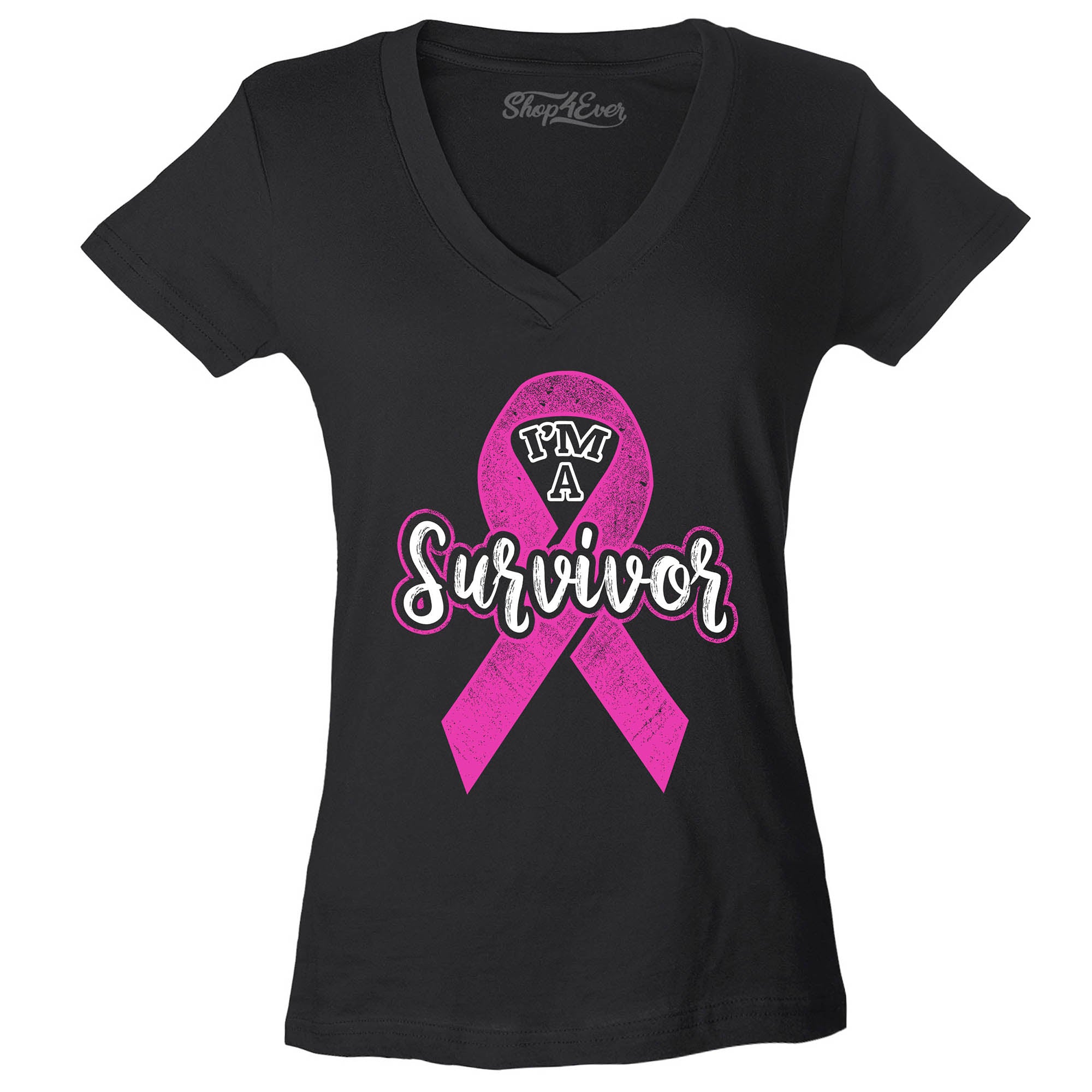 I'm A Survivor Breast Cancer Awareness Women's V-Neck T-Shirt Pink Ribbon Shirts Slim Fit