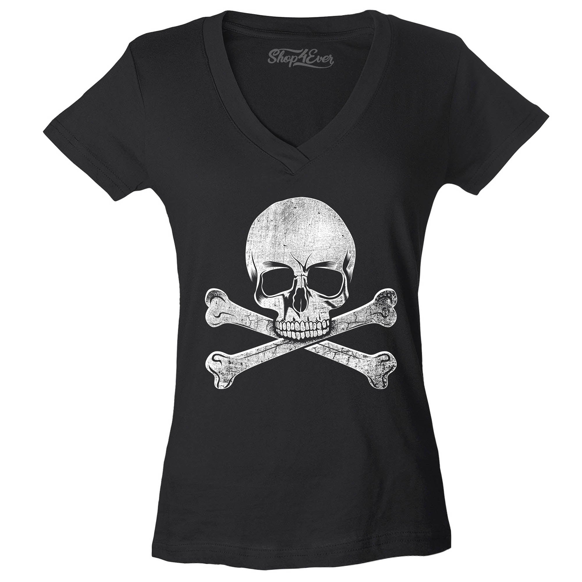 Distressed White Skull and Crossbones Women's V-Neck T-Shirt Slim Fit