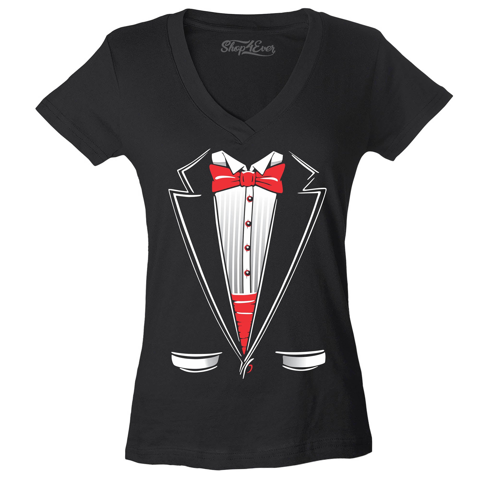 Classic Tuxedo Women's V-Neck T-Shirt Party Costume Shirts Slim FIT