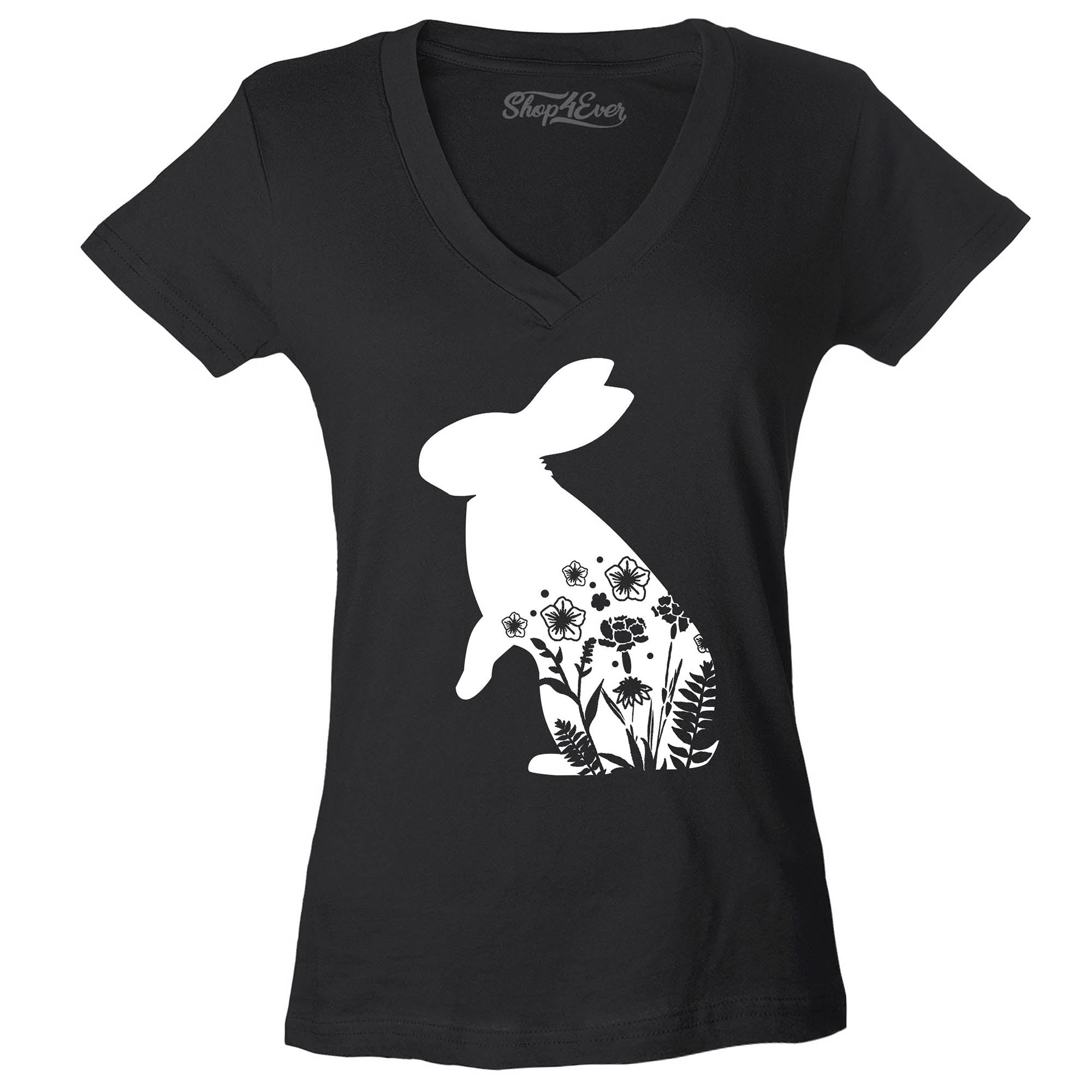 Floral Easter Bunny Rabbit with Spring Flowers Women's V-Neck T-Shirt Slim Fit