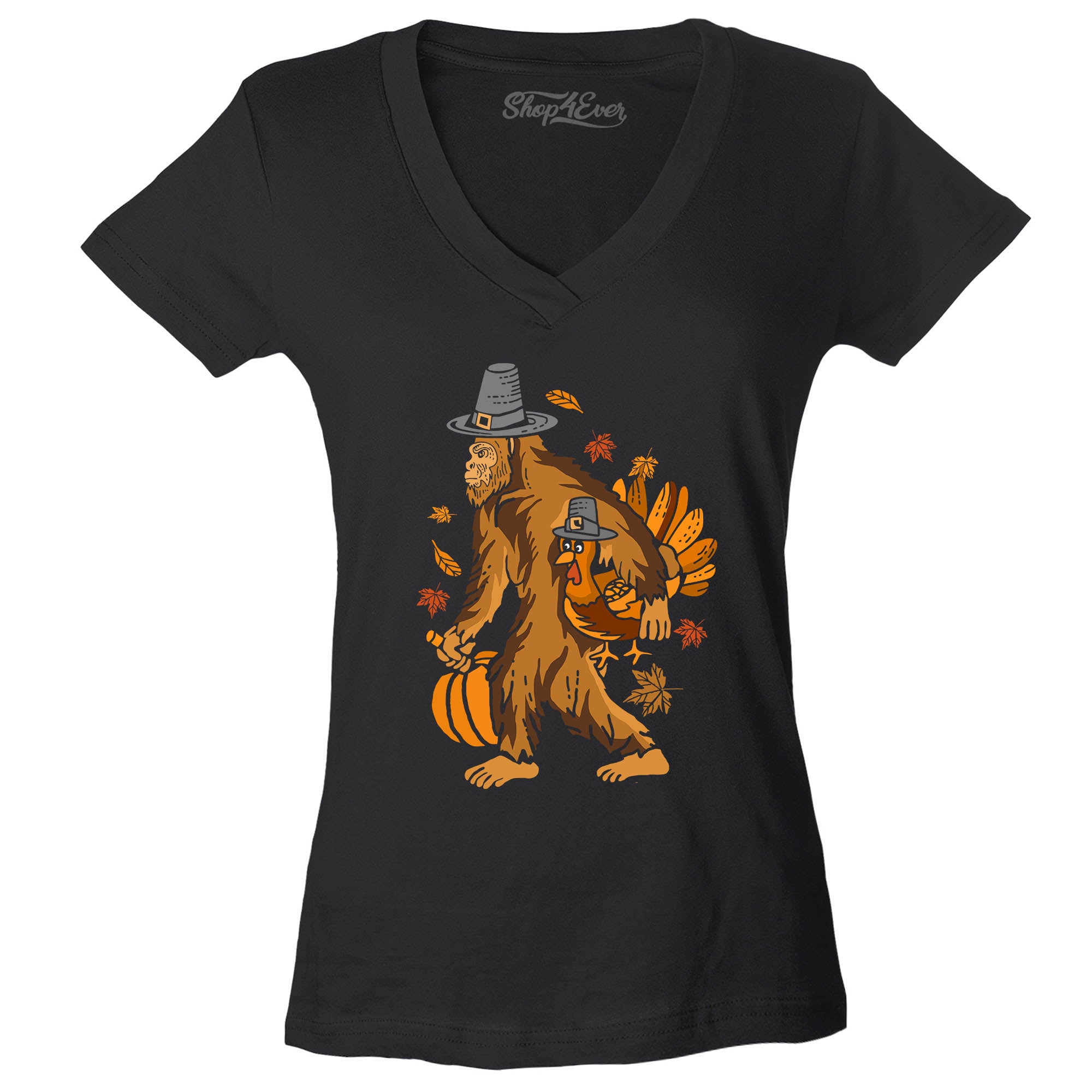 Bigfoot Pilgrim Turkey Pumpkin Thanksgiving Sasquatch Women's V-Neck T-Shirt Slim Fit