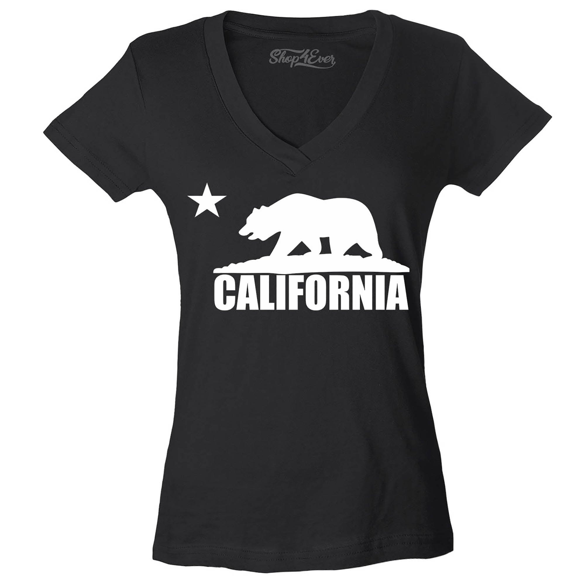 California Bear White Women's V-Neck T-Shirt Flag Shirts Slim FIT