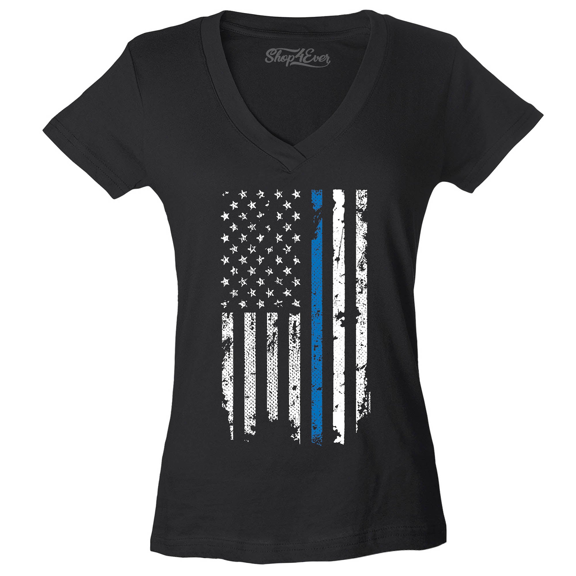Police Officer American Flag Blue Line USA Women's V-Neck T-Shirt Law Enforcement Shirts Slim FIT