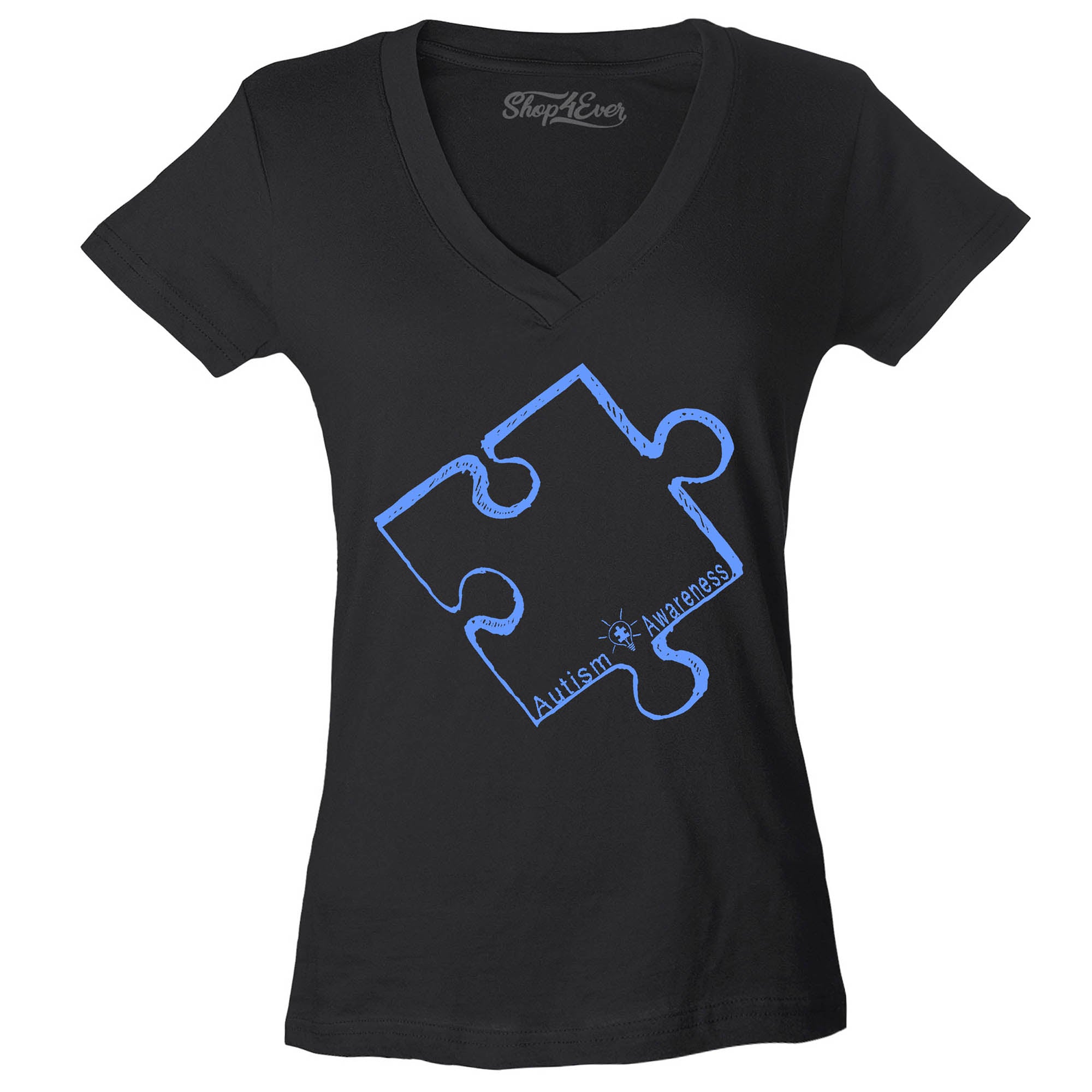 Blue Puzzle Piece Women's V-Neck T-Shirt Autism Support Shirts