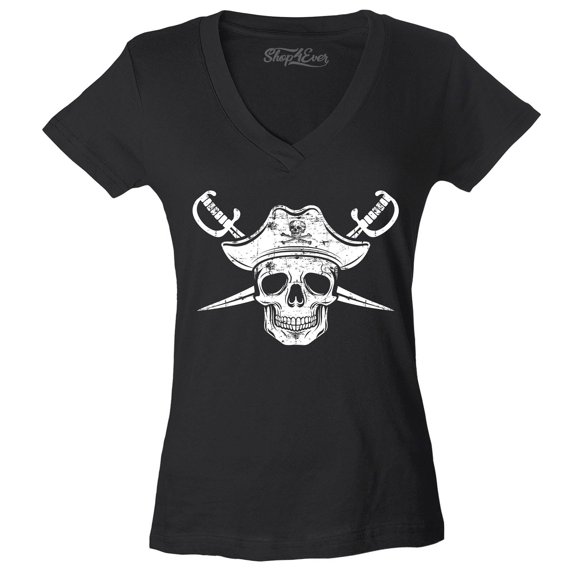 White Pirate Captain Skull with Scimitars Women's V-Neck T-Shirt Slim Fit