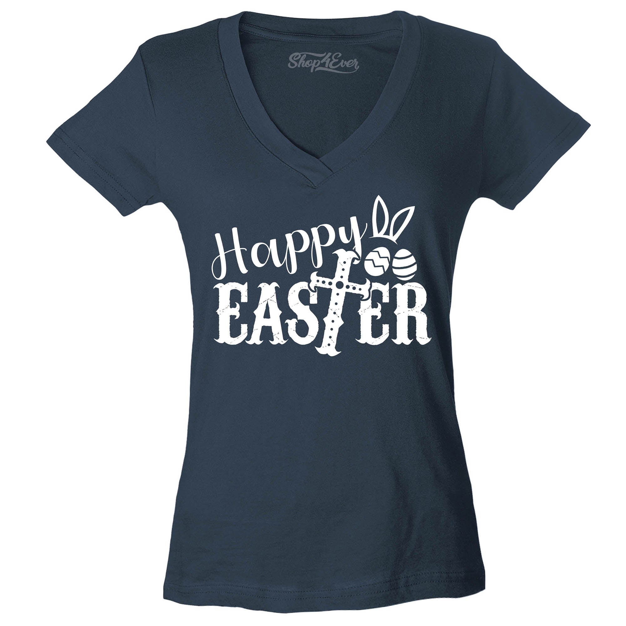 Happy Easter with Cross Women's V-Neck T-Shirt Slim Fit