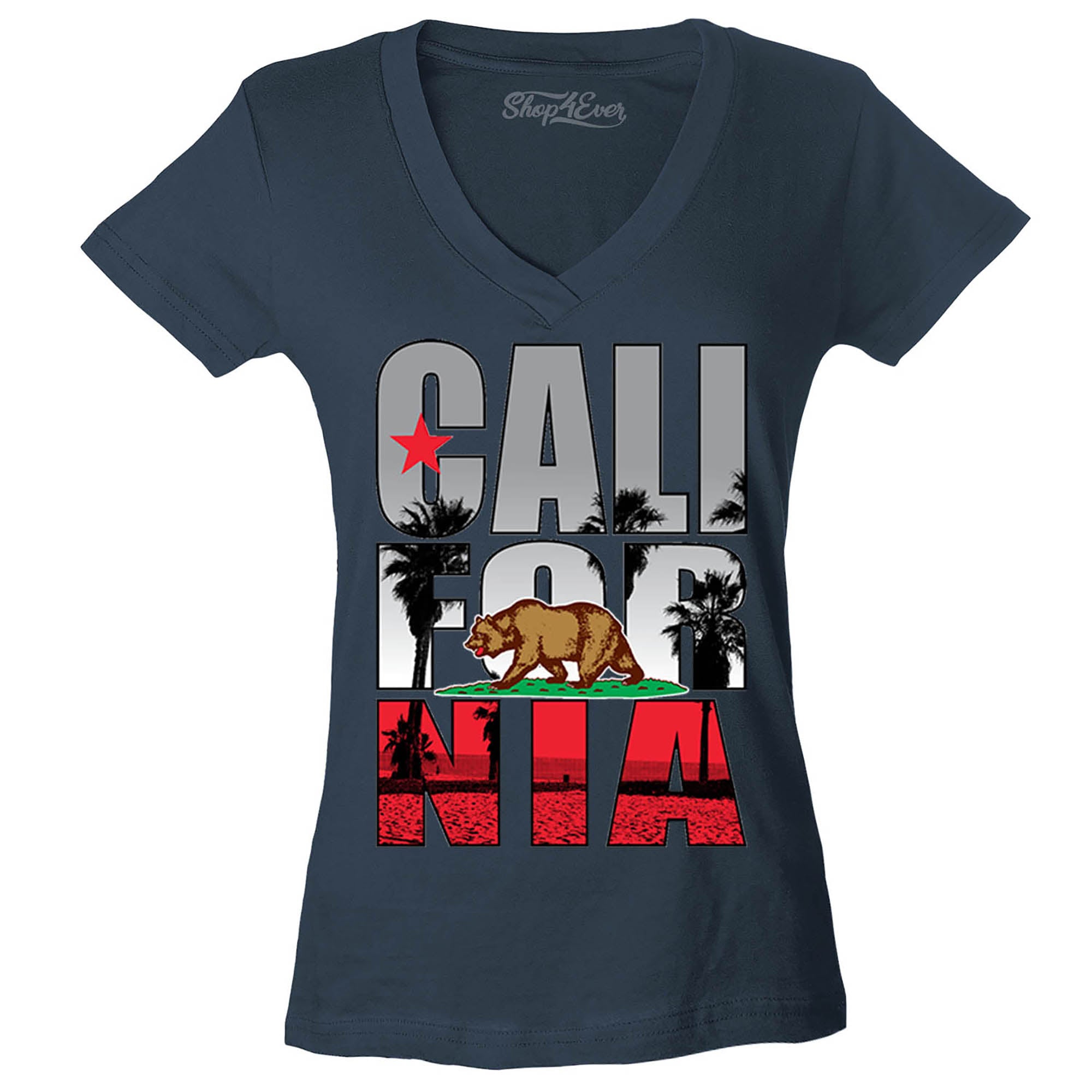 California Beach Palm Tree Women's V-Neck T-Shirt Flag Shirts Slim FIT
