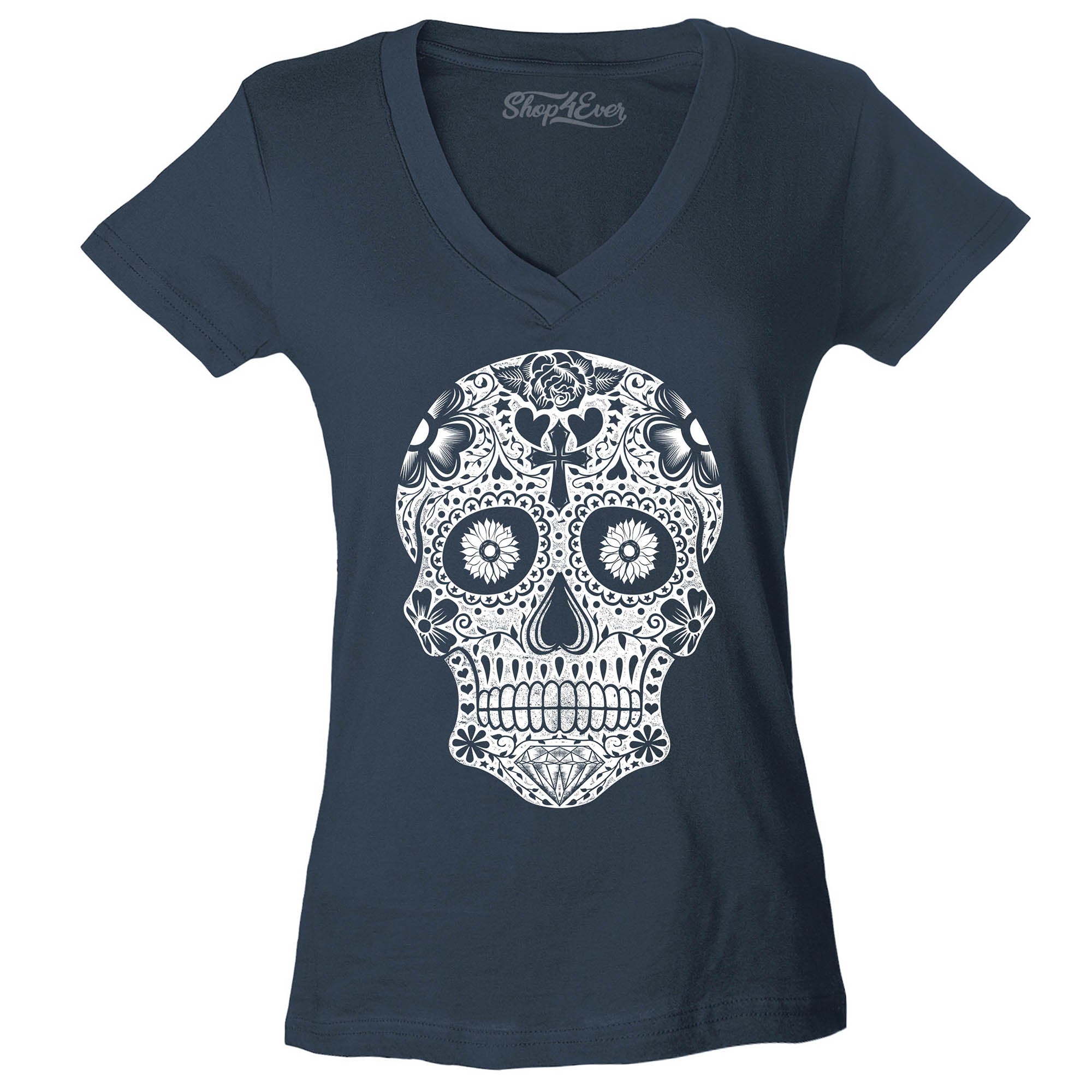 Day of The Dead White Skull Women's V-Neck T-Shirt Slim Fit