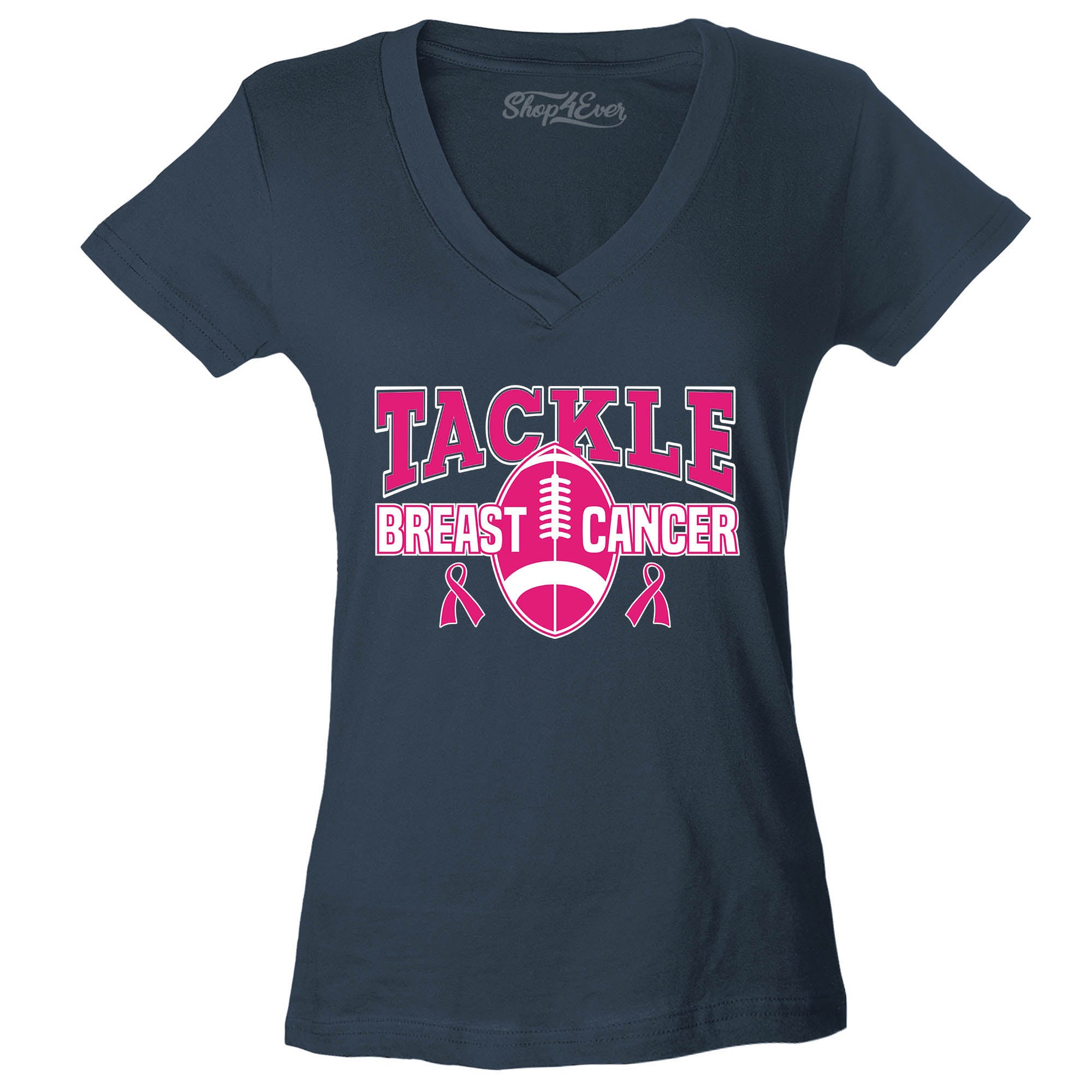 Tackle Breast Cancer Awareness Women's V-Neck T-Shirt Football Pink Ribbon Shirts Slim Fit