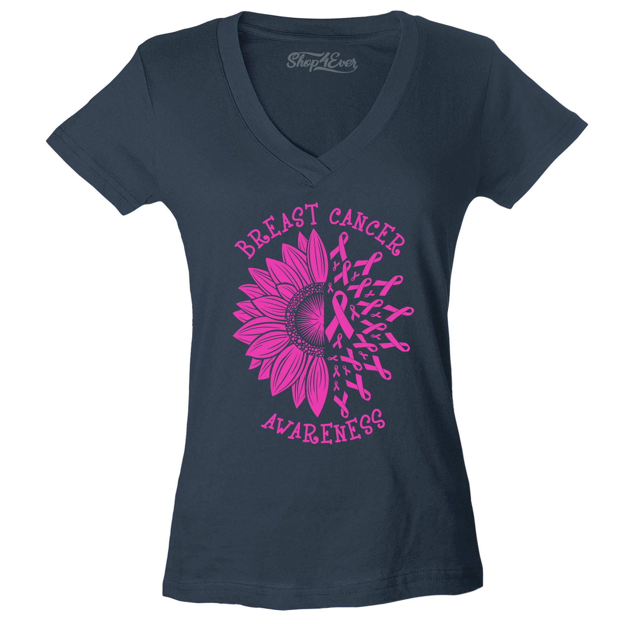 Sunflower Pink Ribbon Breast Cancer Awareness Women's V-Neck T-Shirt Slim Fit