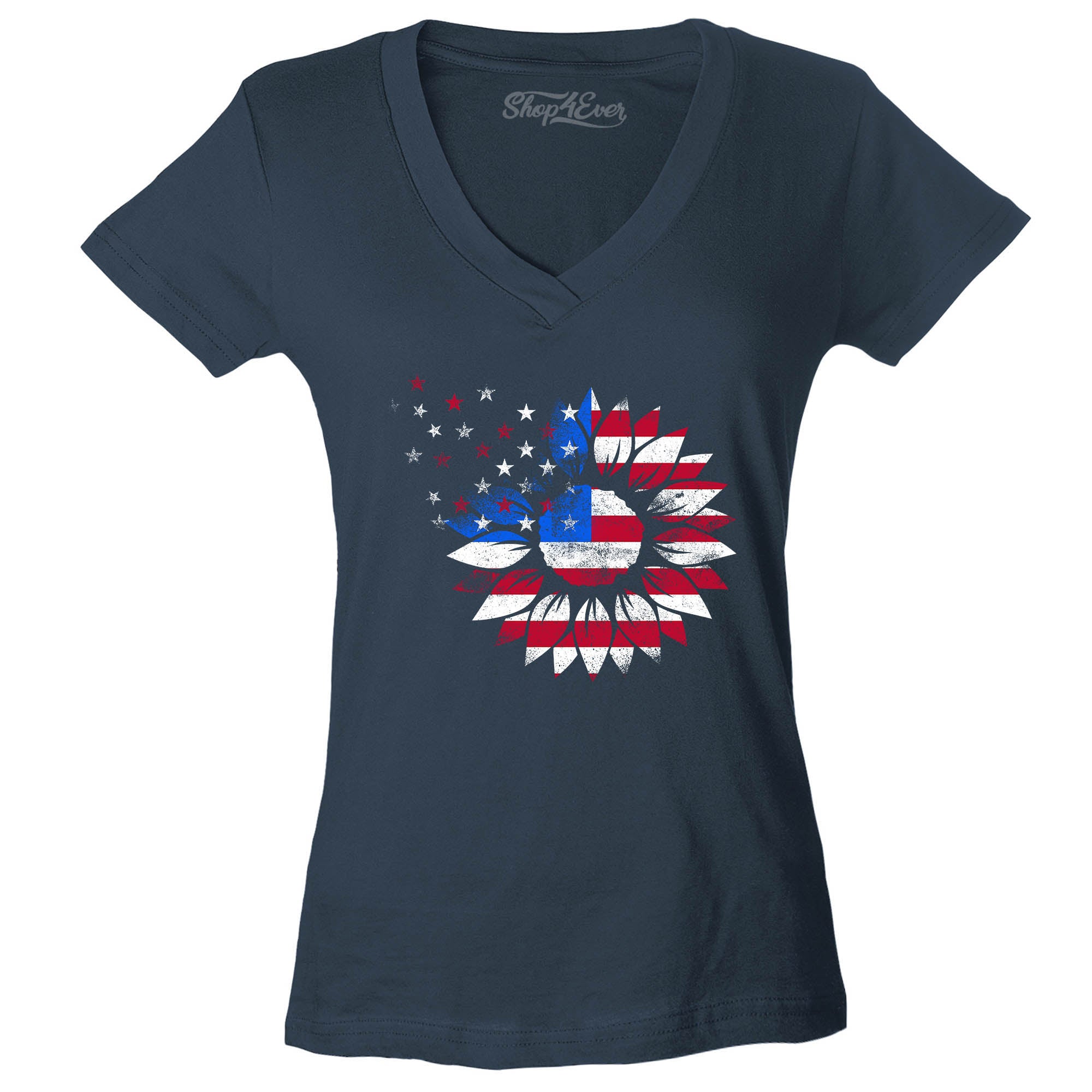 American Flag Sunflower Flower Star 4th of July Women's V-Neck T-Shirt Slim Fit
