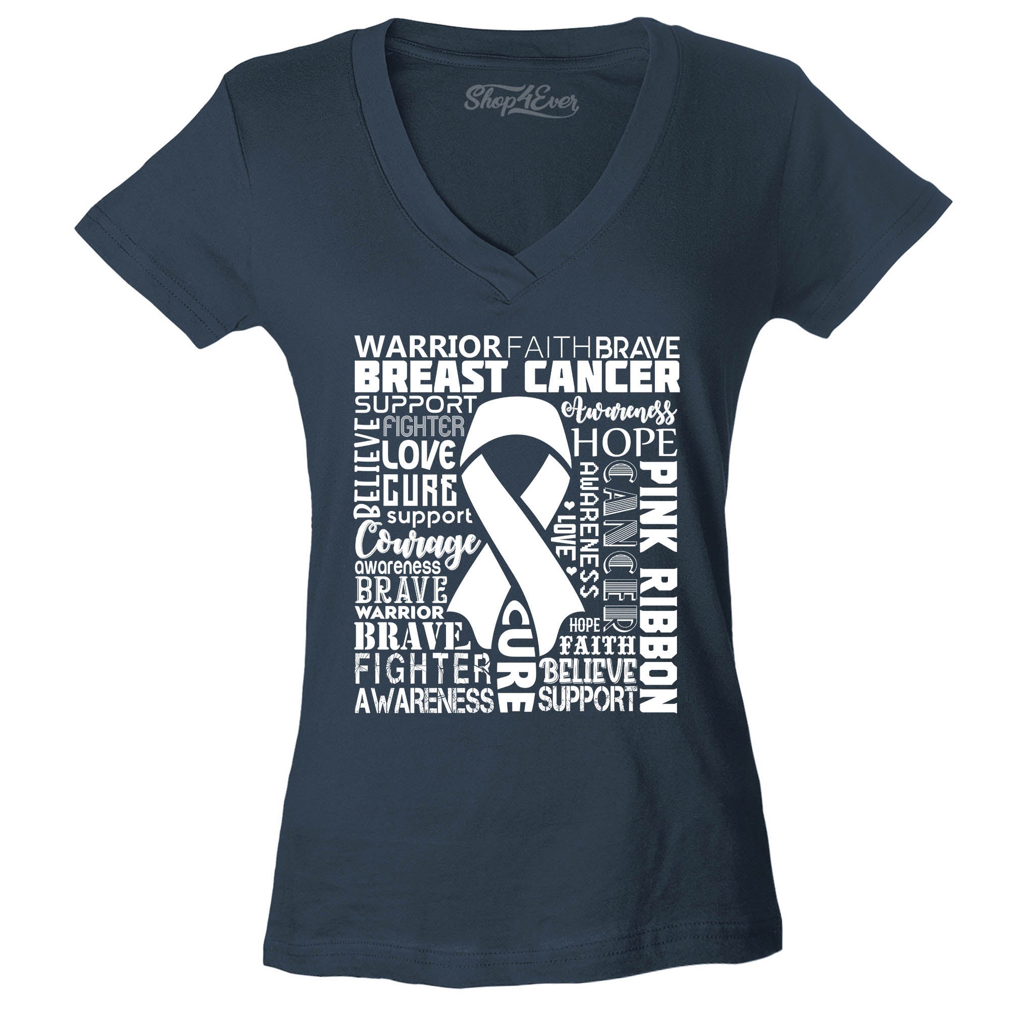 Breast Cancer Awareness White Ribbon Word Cloud Women's V-Neck T-Shirt Slim Fit