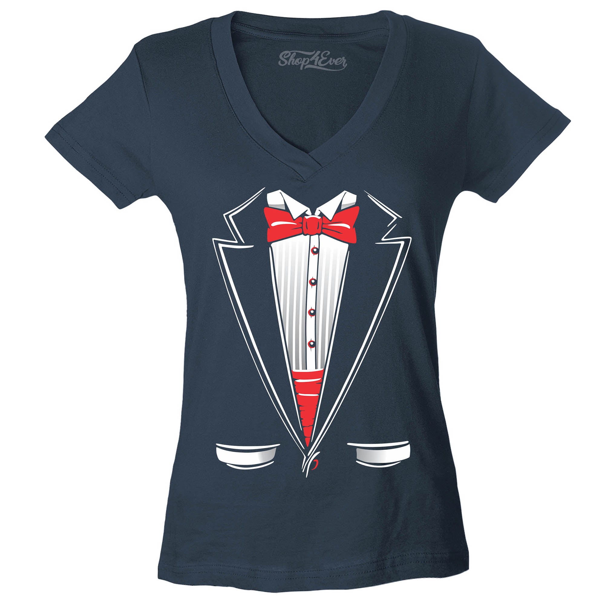 Classic Tuxedo Women's V-Neck T-Shirt Party Costume Shirts Slim FIT