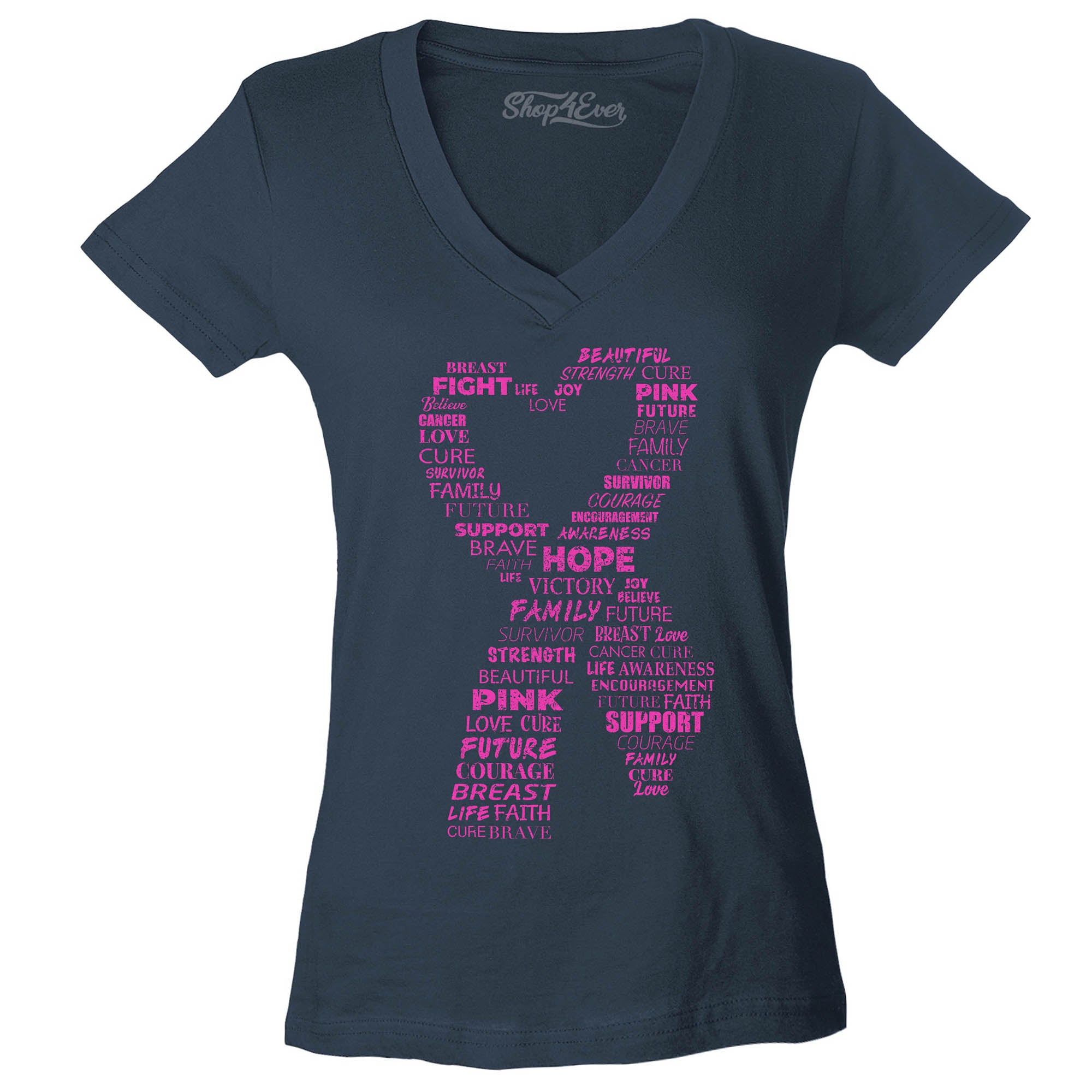 Pink Heart Ribbon Montage Breast Cancer Awareness Word Cloud Women's V-Neck T-Shirt Slim Fit