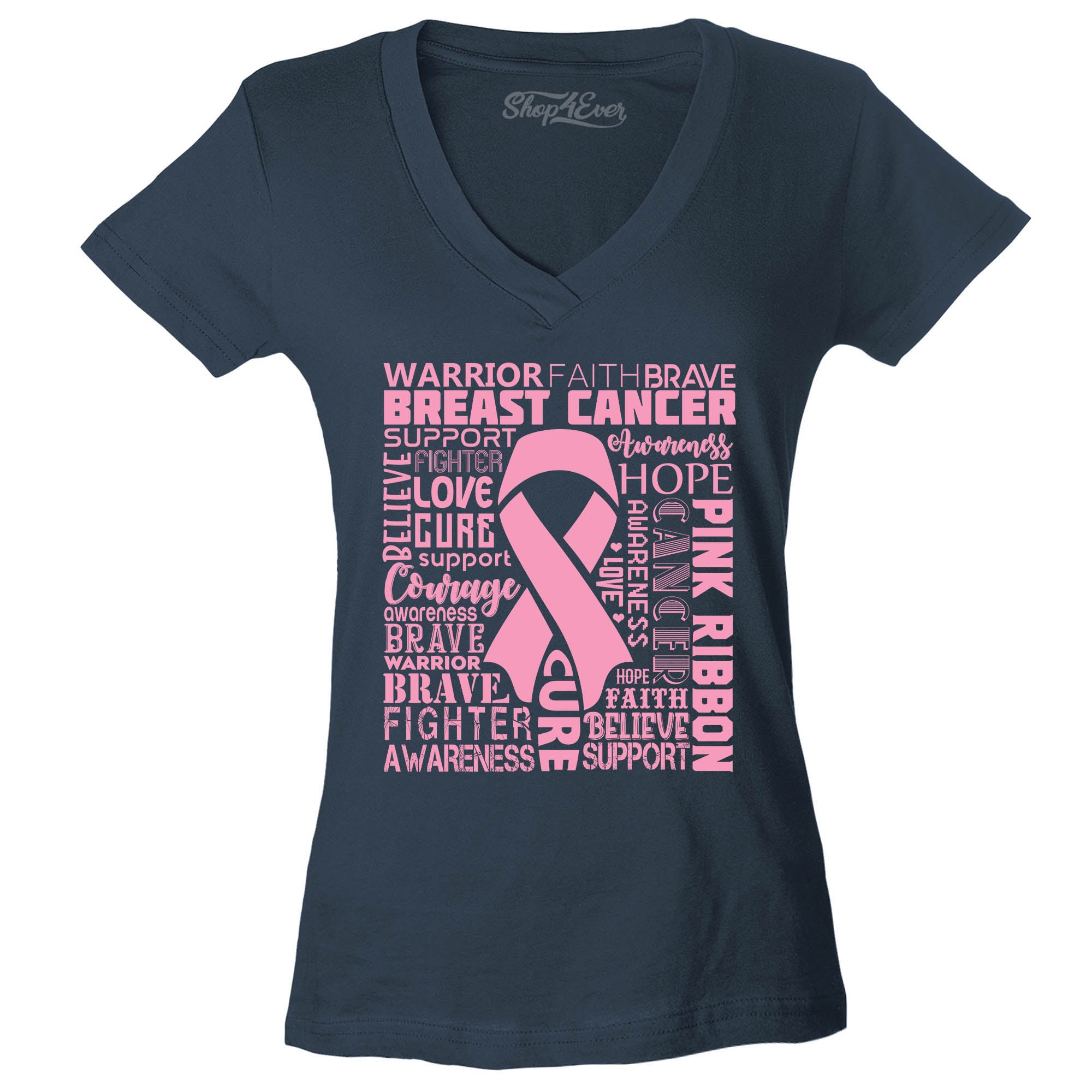 Breast Cancer Awareness Pink Ribbon Word Cloud Women's V-Neck T-Shirt Slim Fit