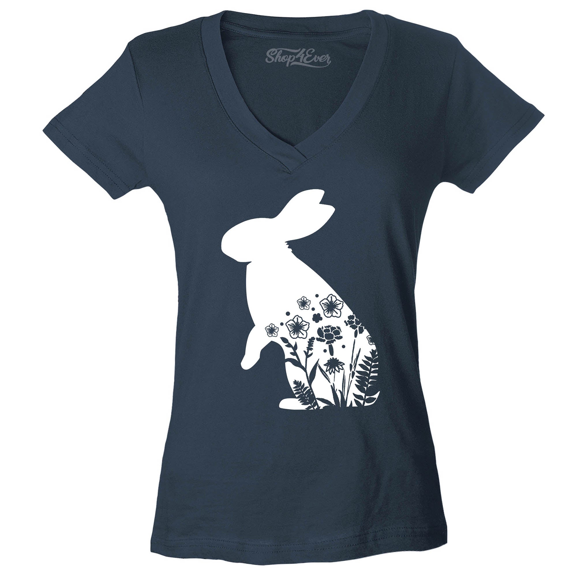 Floral Easter Bunny Rabbit with Spring Flowers Women's V-Neck T-Shirt Slim Fit