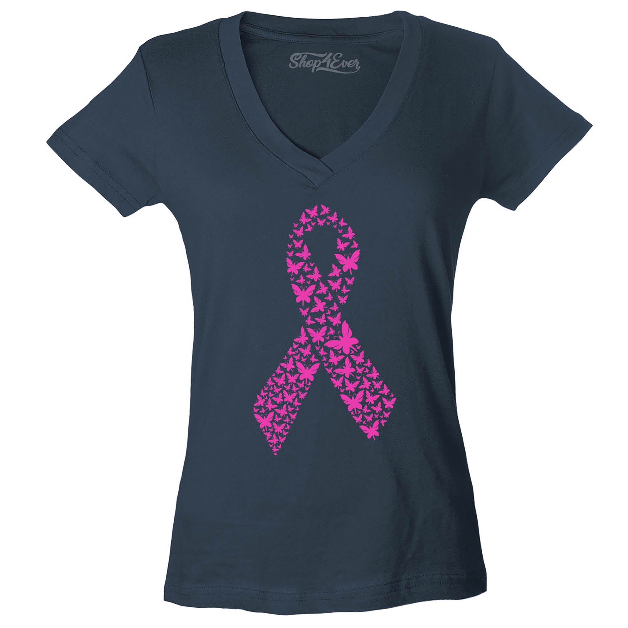 Pink Butterfly Ribbon Breast Cancer Awareness Women's V-Neck T-Shirt Slim Fit