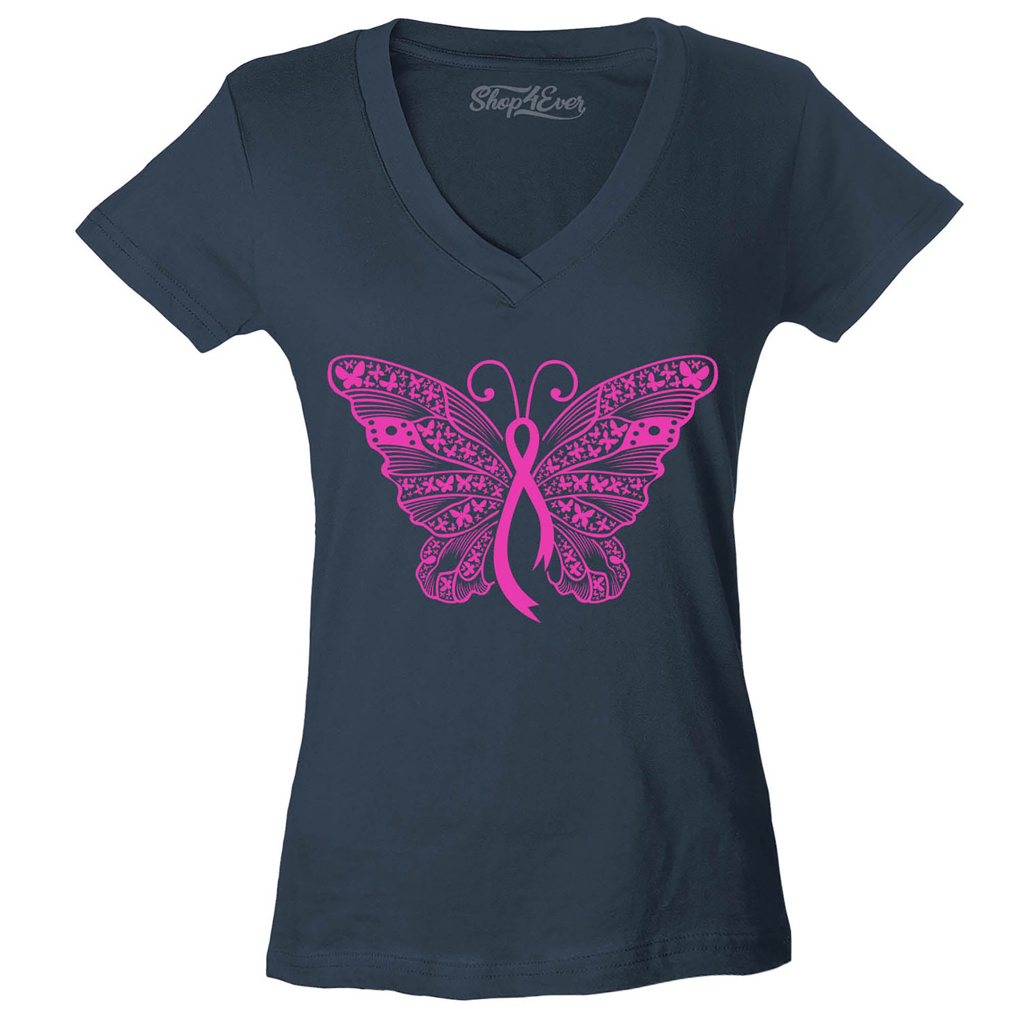 Pink Ribbon Butterfly Breast Cancer Awareness Women's V-Neck T-Shirt Slim Fit