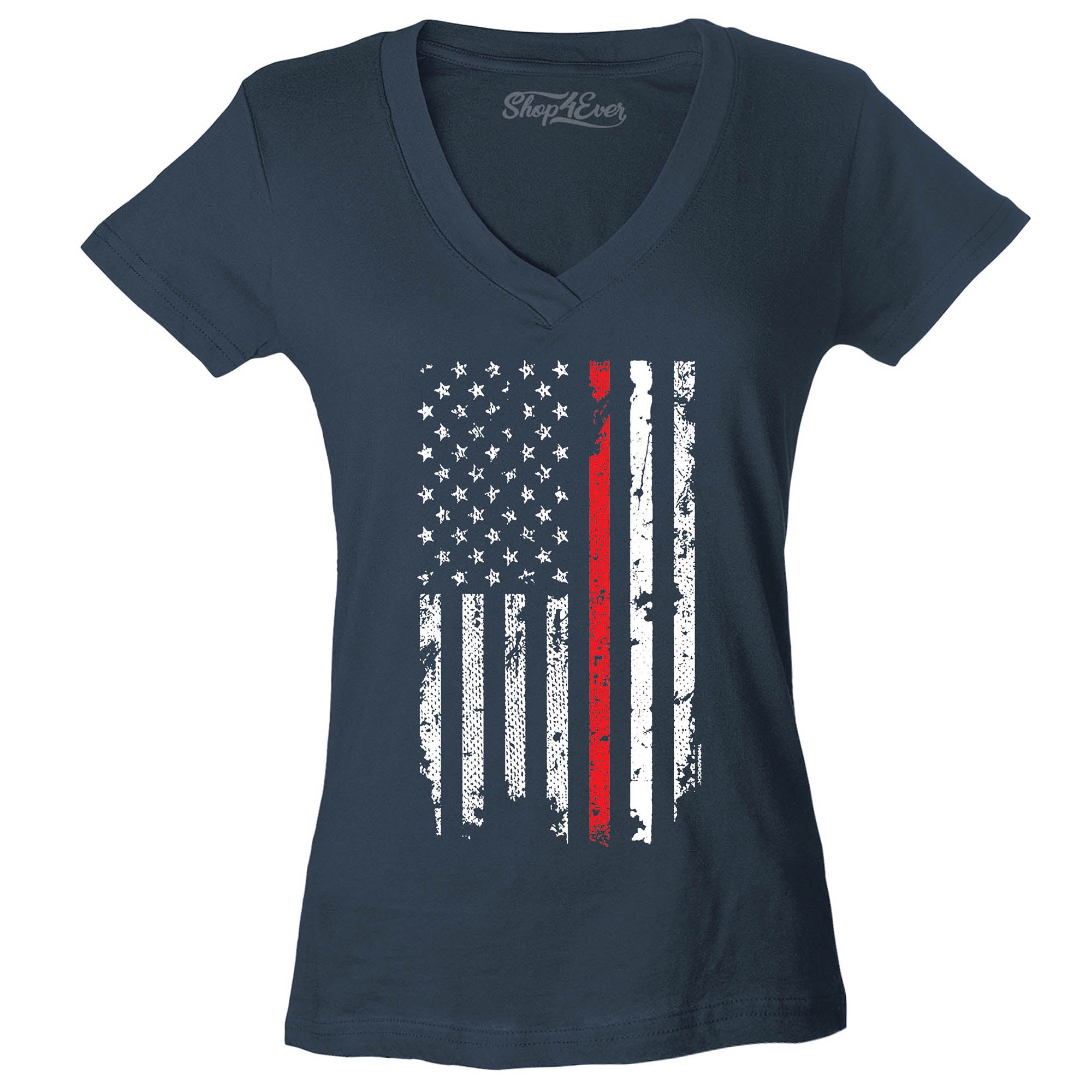 Firefighter American Flag Red Line Stripe USA Women's V-Neck T-Shirt 4th of July Shirts Slim FIT