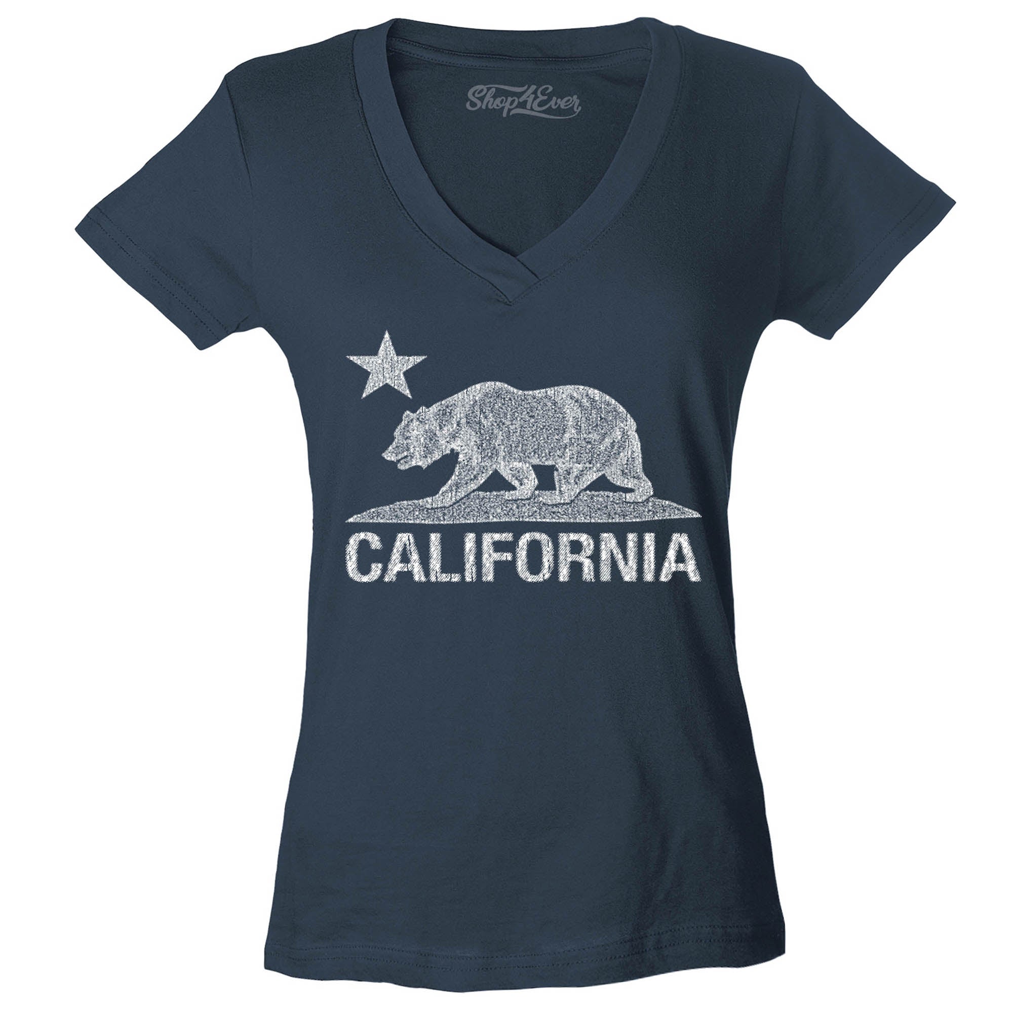 California Distressed White Bear Women's V-Neck T-Shirt Cali Shirts Slim FIT