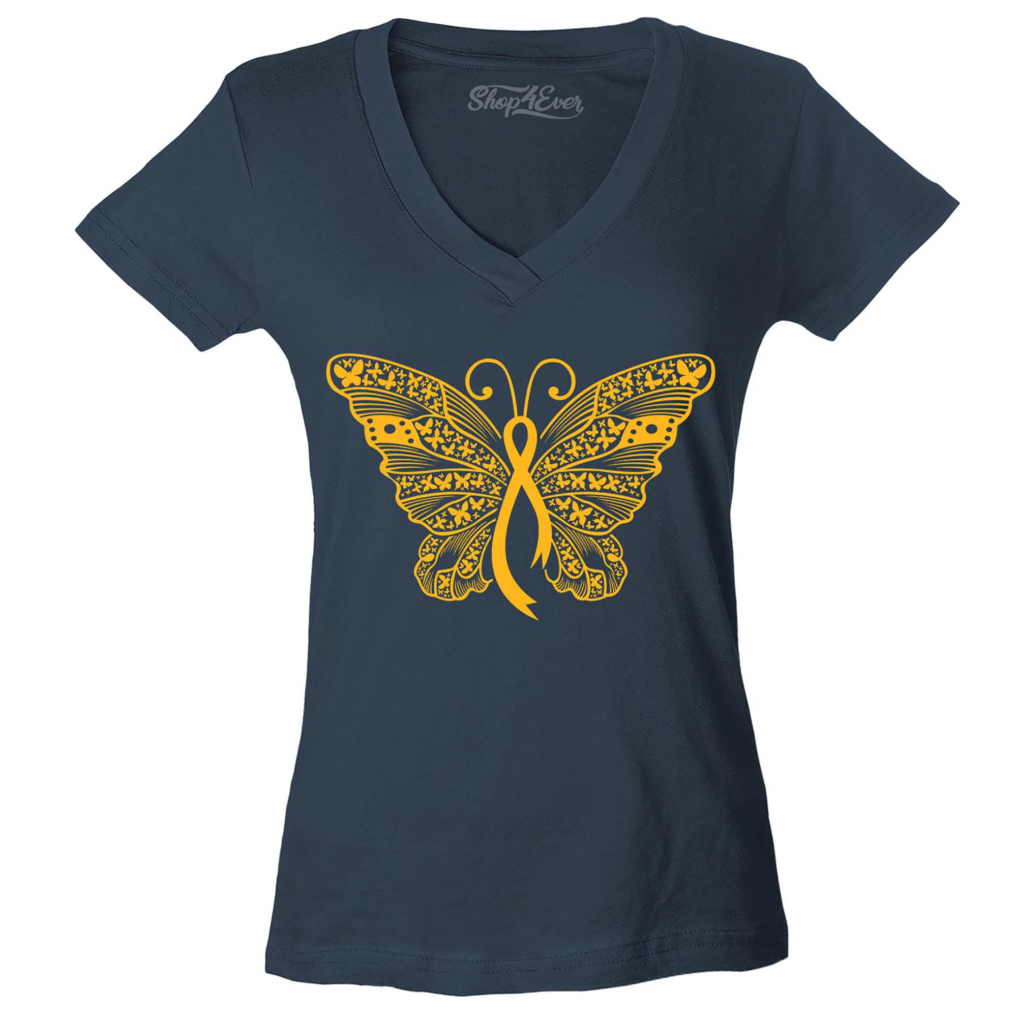 Gold Ribbon Butterfly Childhood Cancer Awareness Women's V-Neck T-Shirt Slim Fit