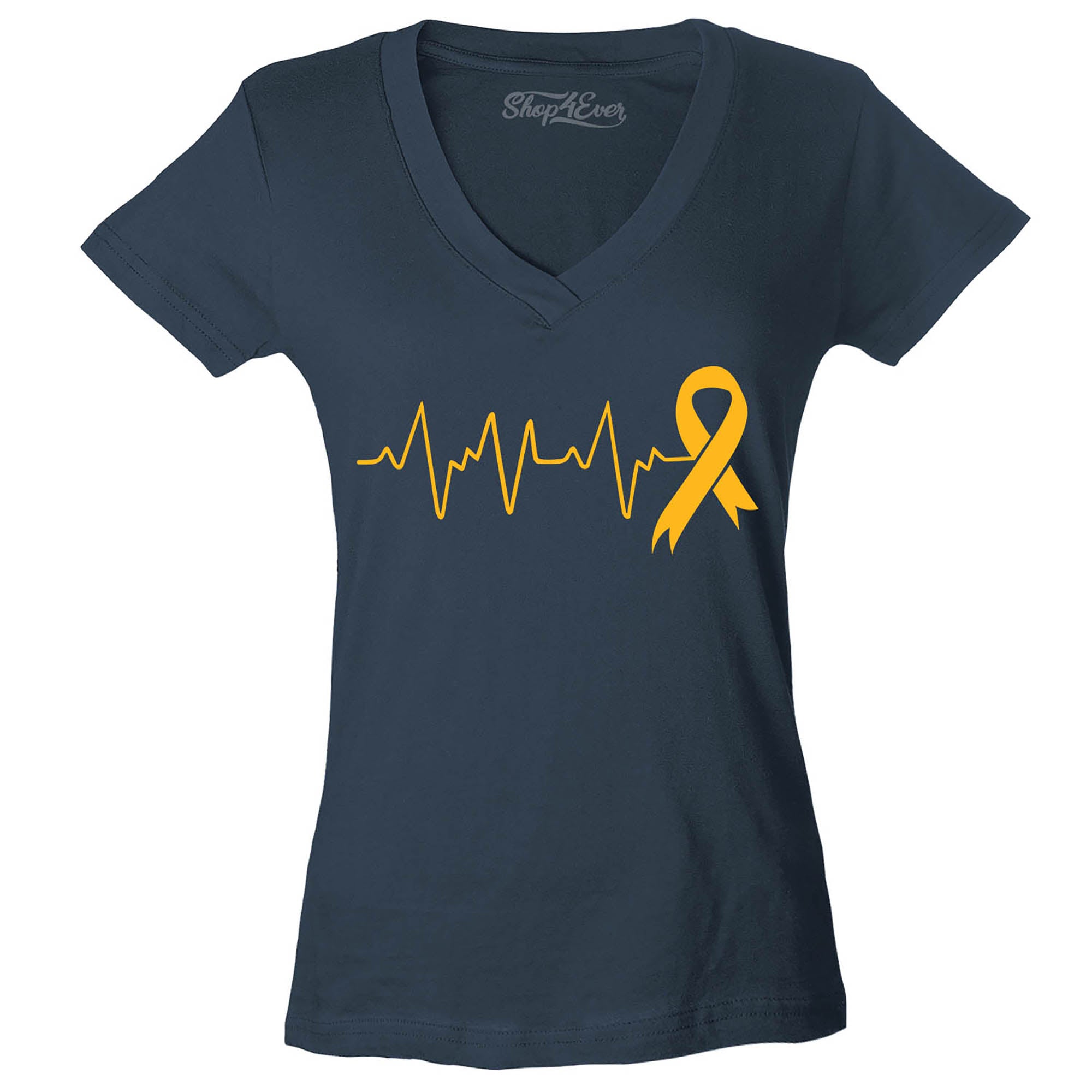 Heartbeat Gold Ribbon Childhood Cancer Awareness Women's V-Neck T-Shirt Slim Fit