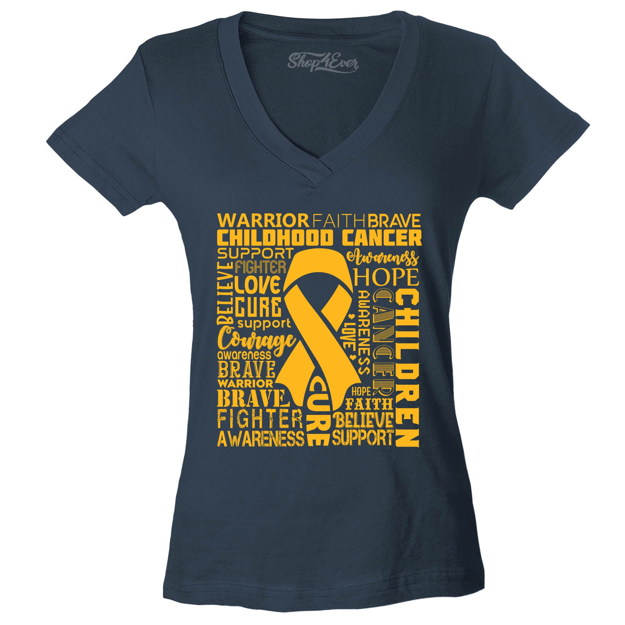 Childhood Cancer Awareness Gold Ribbon Word Cloud Women's V-Neck T-Shirt Slim Fit