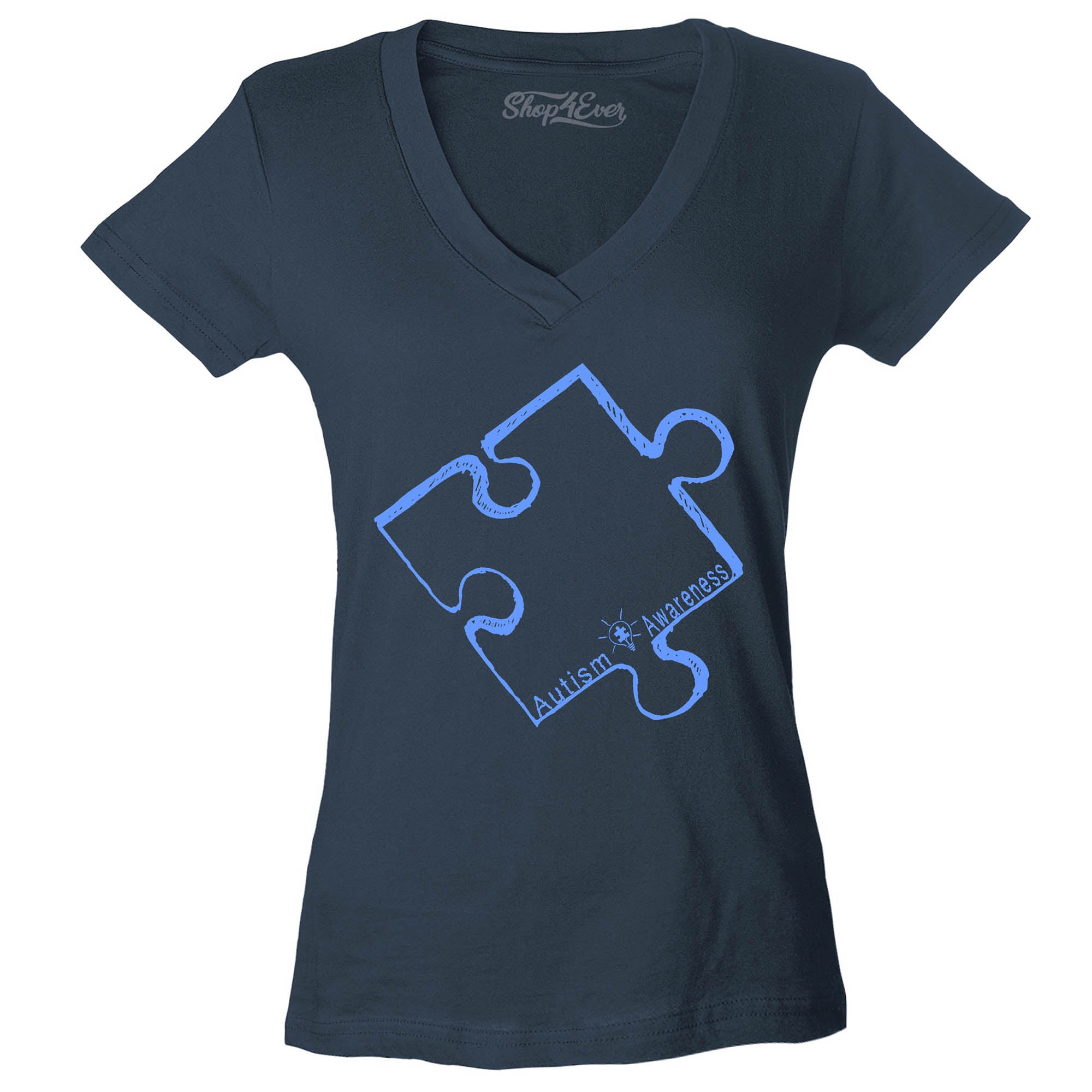 Blue Puzzle Piece Women's V-Neck T-Shirt Autism Support Shirts