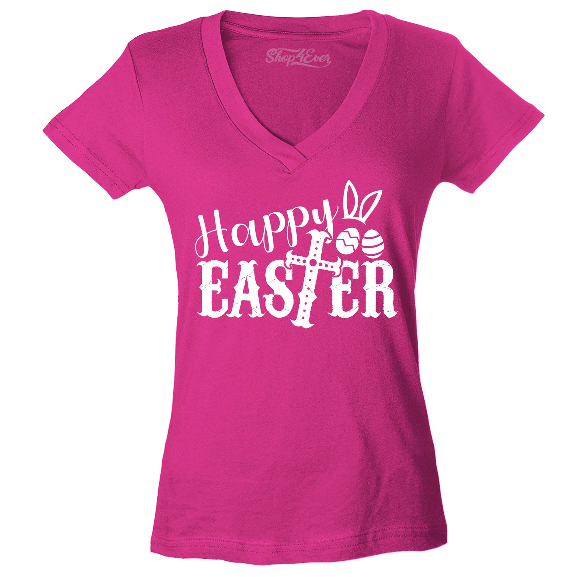 Happy Easter with Cross Women's V-Neck T-Shirt Slim Fit