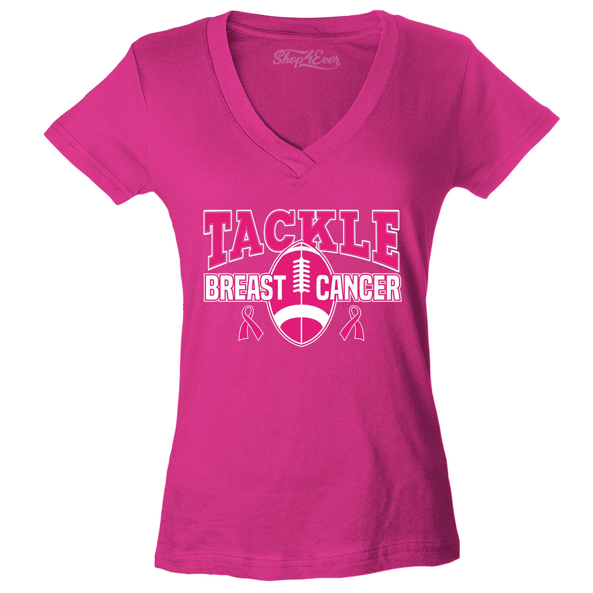 Tackle Breast Cancer Awareness Women's V-Neck T-Shirt Football Pink Ribbon Shirts Slim Fit