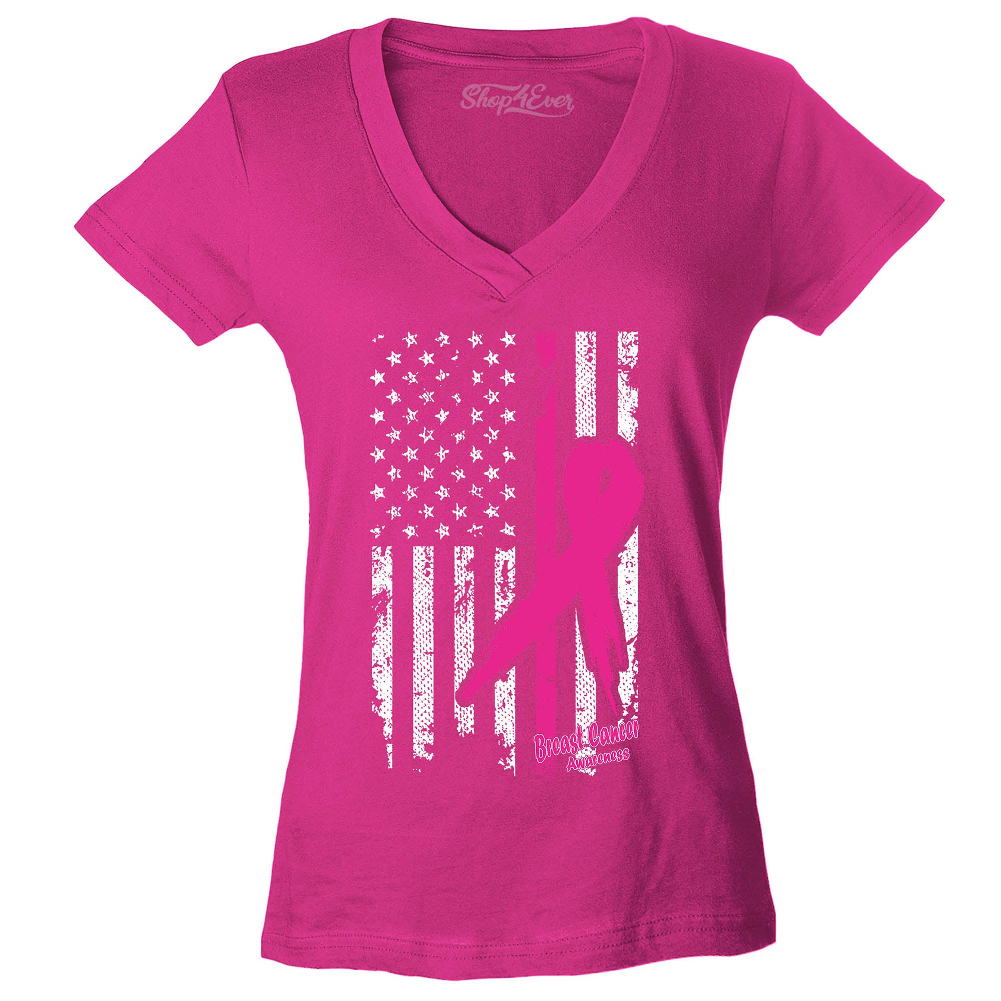 Pink Breast Cancer Ribbon American Flag Women's V-Neck T-Shirt Slim FIT